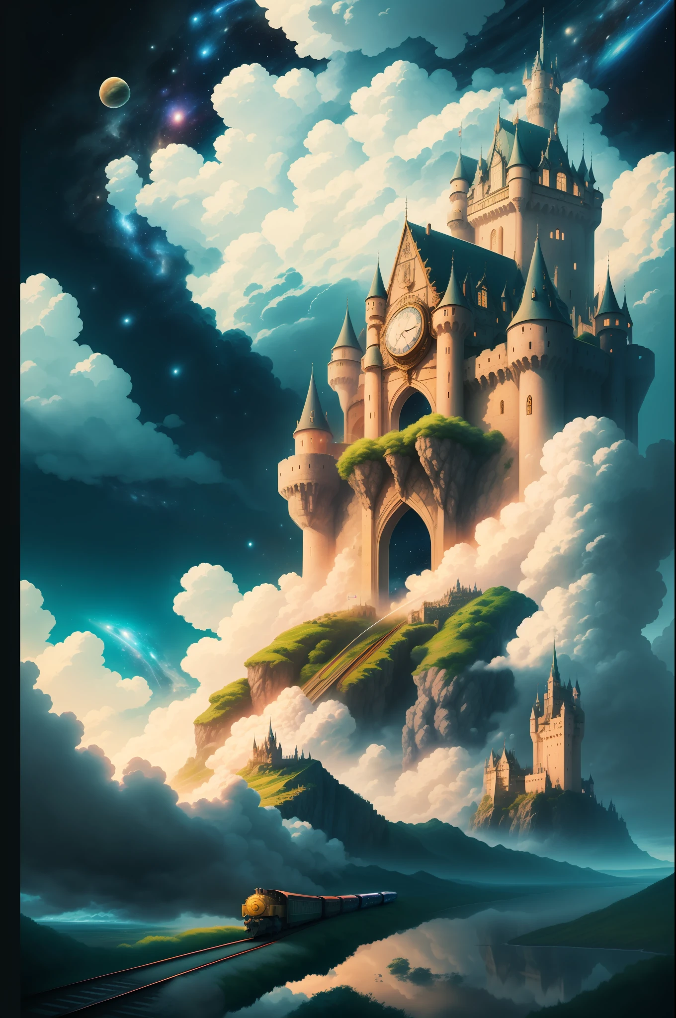 The scene with clouds as a carrier, the castle with the elements of the universe, the time train, the planet, the illustration style, 9:16 --auto --s2