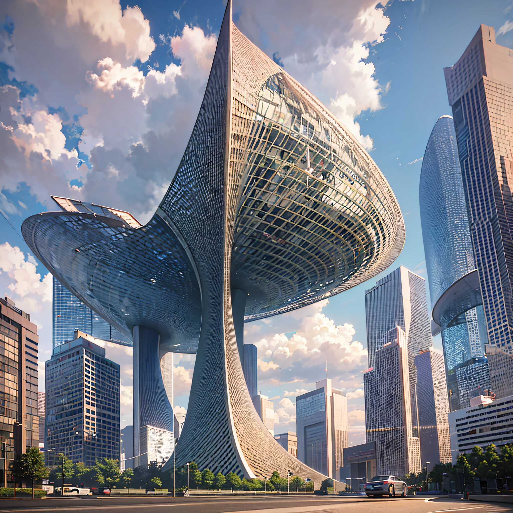 Tower,truth,The future cityscape is filled with awe-inspiring technological marvels. Towering skyscrapers rise into the clouds, boasting sleek and modern designs. The fusion of streamlined, curved, and geometric architectural structures with reflective materials and glass facades creates a mesmerizing futuristic landscape. On the streets, remarkable floating transportation vehicles glide swiftly, such as flying cars or maglev trains, exuding a high-tech exterior as they navigate the city's airspace style:Photographi