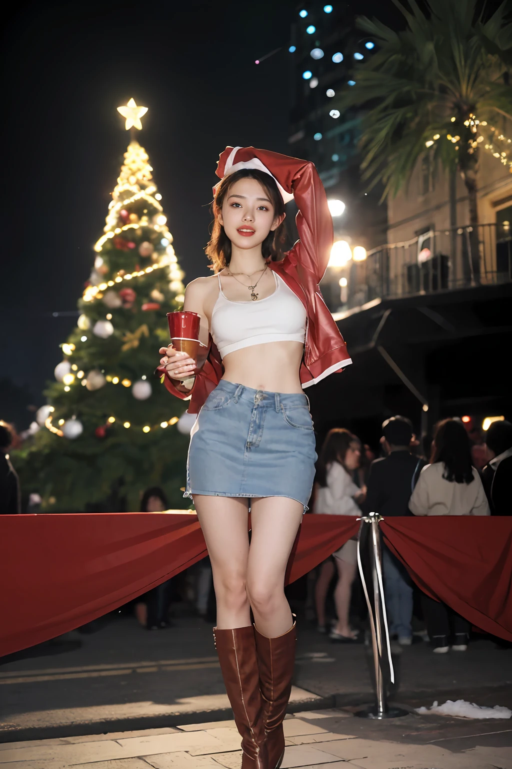 tmasterpiece,best qualtiy,Young girls,with brown eye,The color hair(red colour:1.3+blue colors+In pink:1.3+purpleish color+amarelo+green color),joyful smile,shiny skins,nice leg line,thick thight,Bigchest,Big breasts Thin waist,short denim skirt,Lace top,Cute Christmas hat,kneehigh boots,Necklace Waterfall,Bucket bag,Shabby feeling,cyberpunk building,Christmas Carnival,Celebrate the crowd,fire works,Christmas tree,putting makeup on,depth of fields,facing away from the audience,Stand upright,full bodyesbian,Legs up。