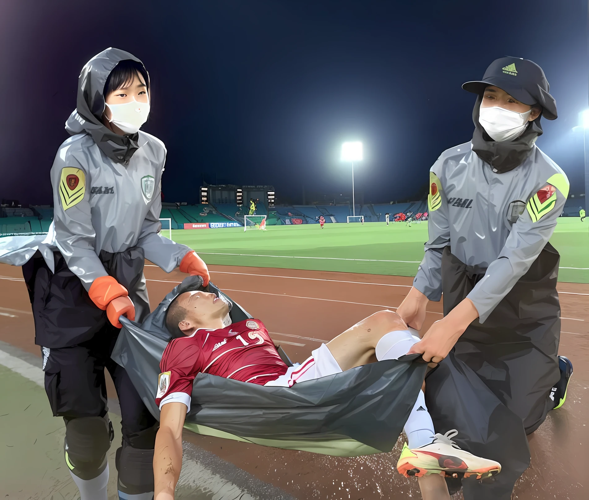 a soccer scene in a chinese sports stadium, an injured soccer player is being transported in a tarpaulin, an injured soccer player is lying in a tarpaulin with lots of pain and is transported out of tge stadium, rainy weather, wet ground, rainfall, injury scene in a sports stadium, tarpaulin-stretcher carry, there are two asian female medics in wet raincoats who are carrying a wet rubber-tarpaulin, there are two female medics in wet raincoats who are carrying a wet tarpaulin with an injured soccer player lying in it in a rainy sports stadium, there is a wounded male soccer player in a matte short cotton sports outfit lying in the tarpaulin, an injured male soccer player is lying on his back in a tarpaulin and is rearing up in agony, a soccer player is rearing up in pain while lying on his back on a stretcher, dramatic scene, theatralic posing scene, dramatic pity scene, injury soccer, first aid, help, pity, there are four female medics in shiny raincoats who are looking very sad and very terrified and very shocked, the injured soccer player is screaming out in pain while he is carried from the pitch on a stetcher through the rain