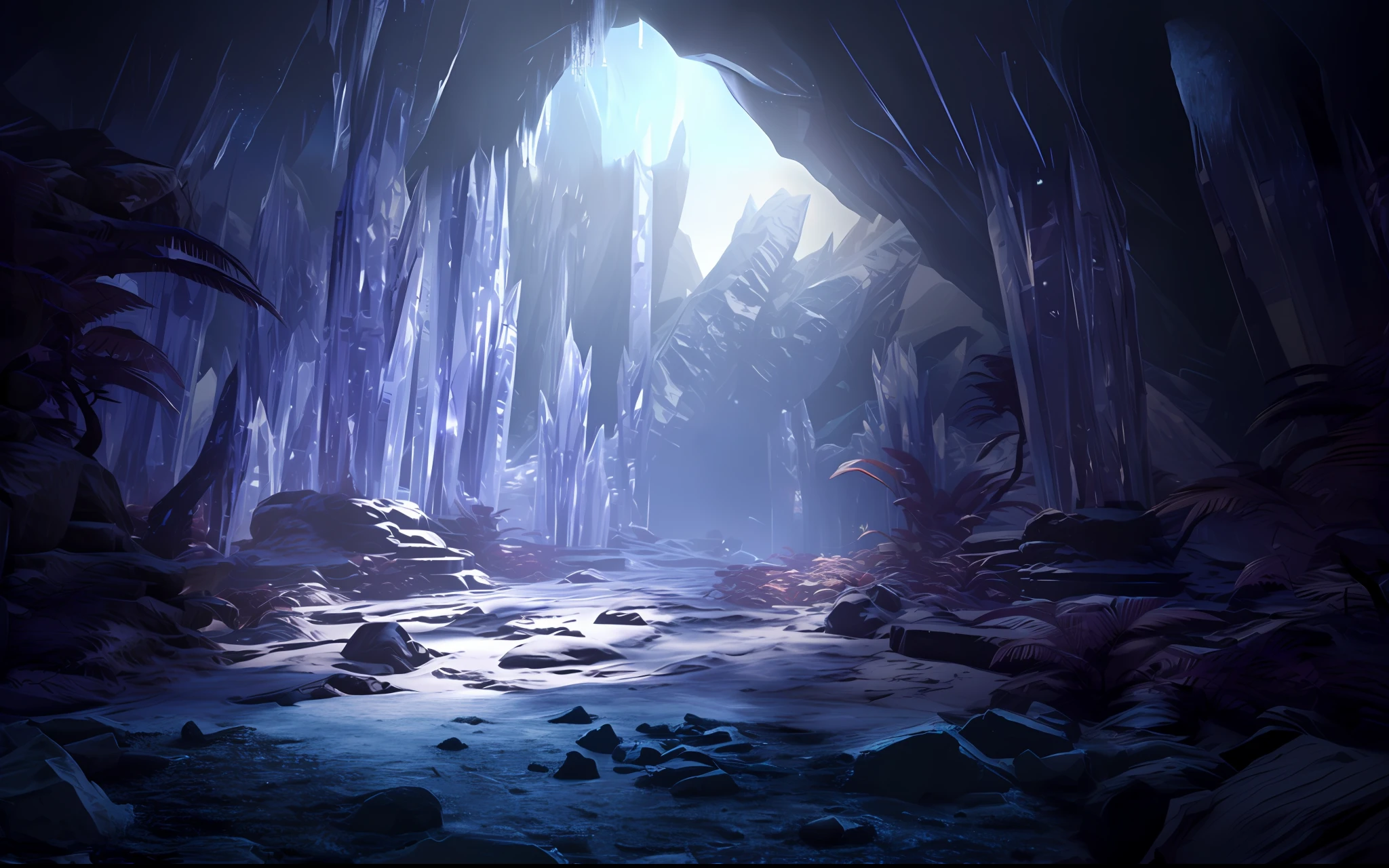 There is a very large cave,There are a lot of rocks and plants inside, Unreal Engine 4K wallpapers, in an icy cavern, deep environment, 8 K high detail concept art, pillars of ice background, Unreal Engine fantasy art, vast ice dungeon, Cave background, cave crystals, odin's stone arena background, frostbite 3 rendered, concept art 8 k resolution