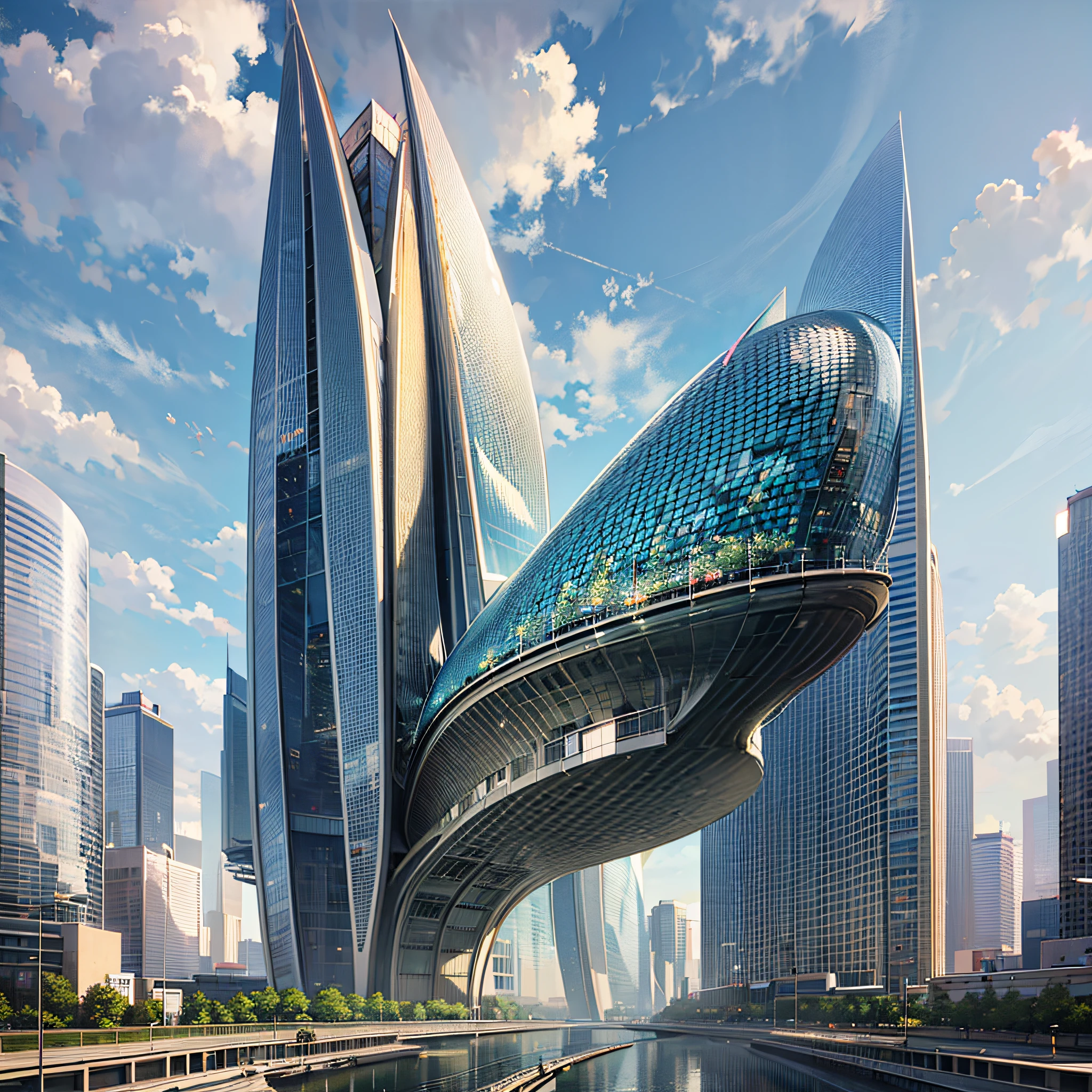 Tower,truth,The future cityscape is filled with awe-inspiring technological marvels. Towering skyscrapers rise into the clouds, boasting sleek and modern designs. The fusion of streamlined, curved, and geometric architectural structures with reflective materials and glass facades creates a mesmerizing futuristic landscape. On the streets, remarkable floating transportation vehicles glide swiftly, such as flying cars or maglev trains, exuding a high-tech exterior as they navigate the city's airspace style:Photographi