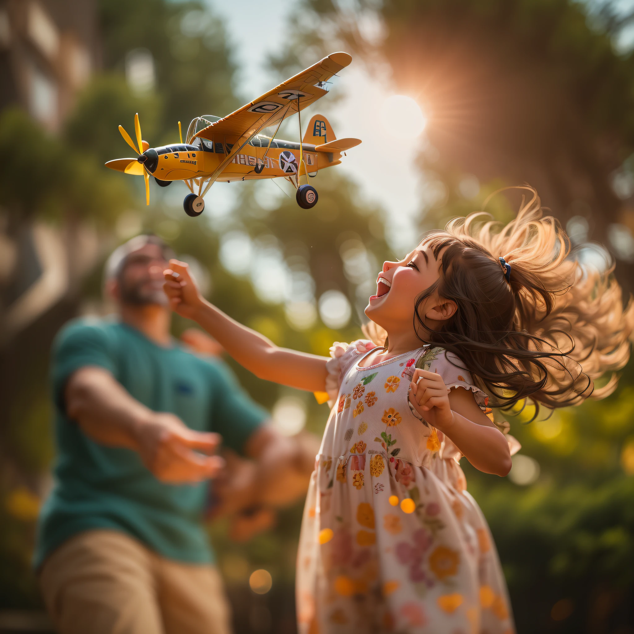 A father giving his  a toy plane, Joy and laughter as she zooms it through the air, Playful and fun, Low angle perspective, Photojournalistic style, Natural outdoor light, Vibrant color saturation, 16:9 Cinematic crop, Deep focus, 24mm wide lens, Late afternoon, Plane in motion, Backyard, Quality family time