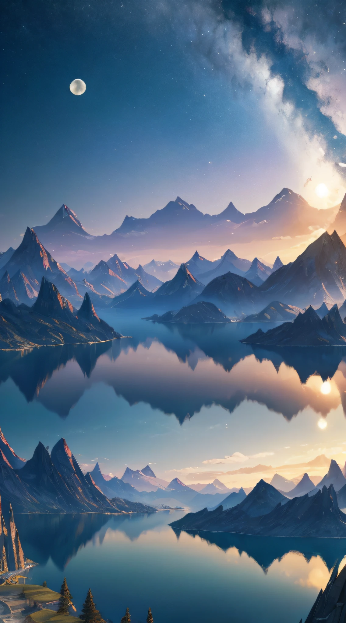 mountains and a lake with a moon in the sky, 4k highly detailed digital art, 4 k hd wallpaper very detailed, impressive fantasy landscape, sci-fi fantasy desktop wallpaper, unreal engine 4k wallpaper, 4k detailed digital art, sci-fi fantasy wallpaper, epic dreamlike fantasy landscape, 4k hd matte digital painting, 8k stunning artwork --auto