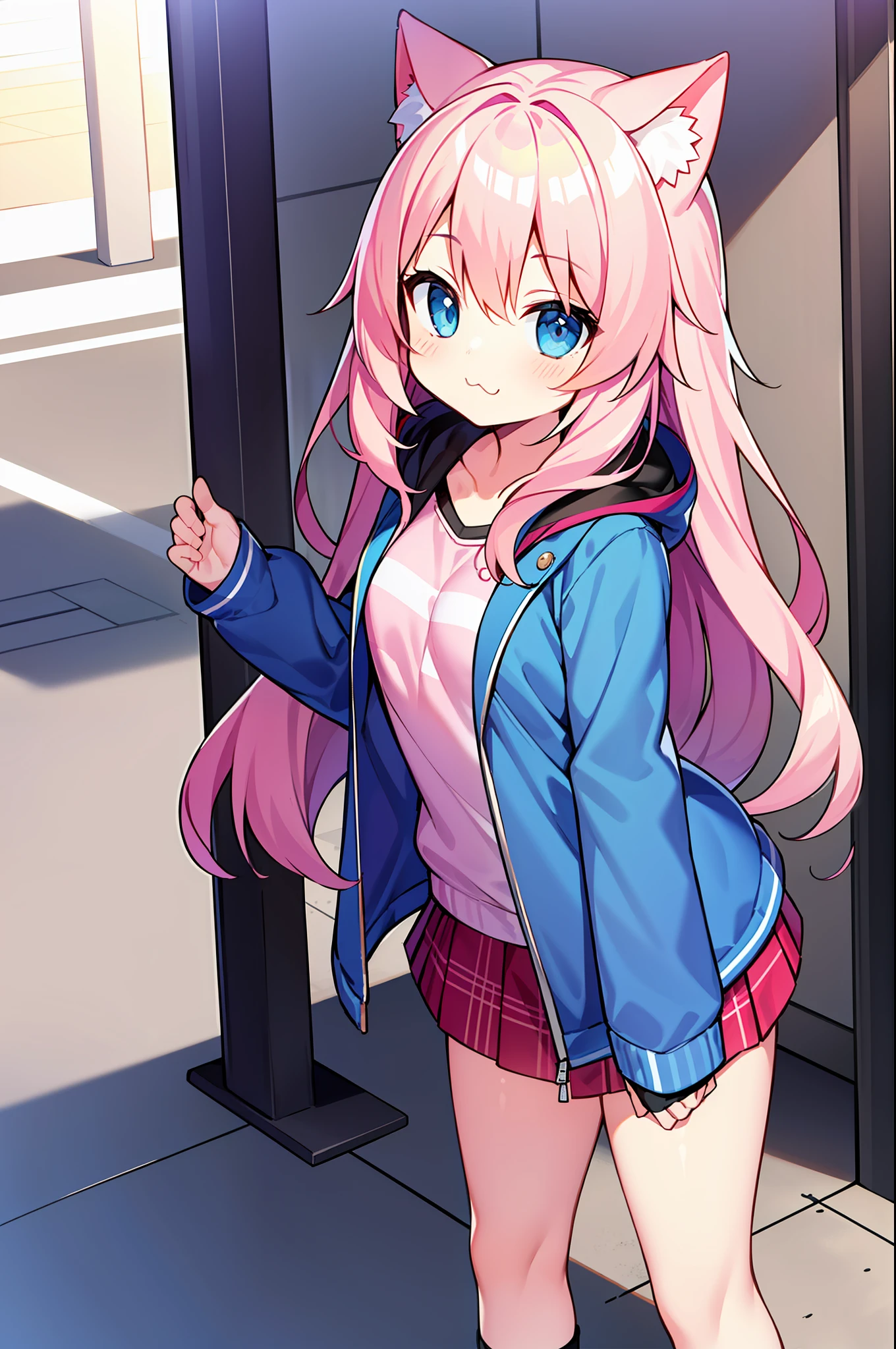tmasterpiece, Need, 1girl, A pink-haired, long whitr hair, a skirt,Bigchest,blue color eyes,cat ear, looking at viewert, :3, adolable, jaket, exteriors, the street,