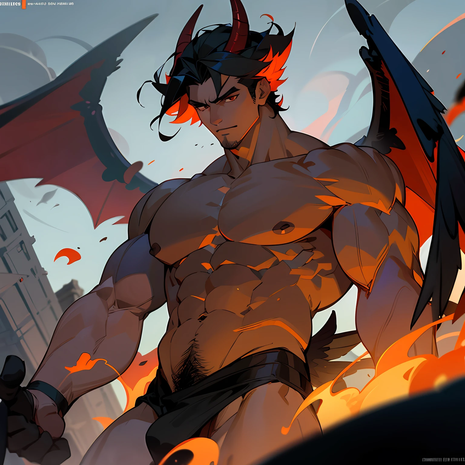 Highest accuracy,big muscular man,Large black wings,Flight attitude,Shirtless,There are black-red flames on the body,Lower body erection,Lower body details,Thick pubic hair,Handsome face,Short white hair,Devil's horn on the head,The background is burning ruins,The background is rich in detail,Devil wind