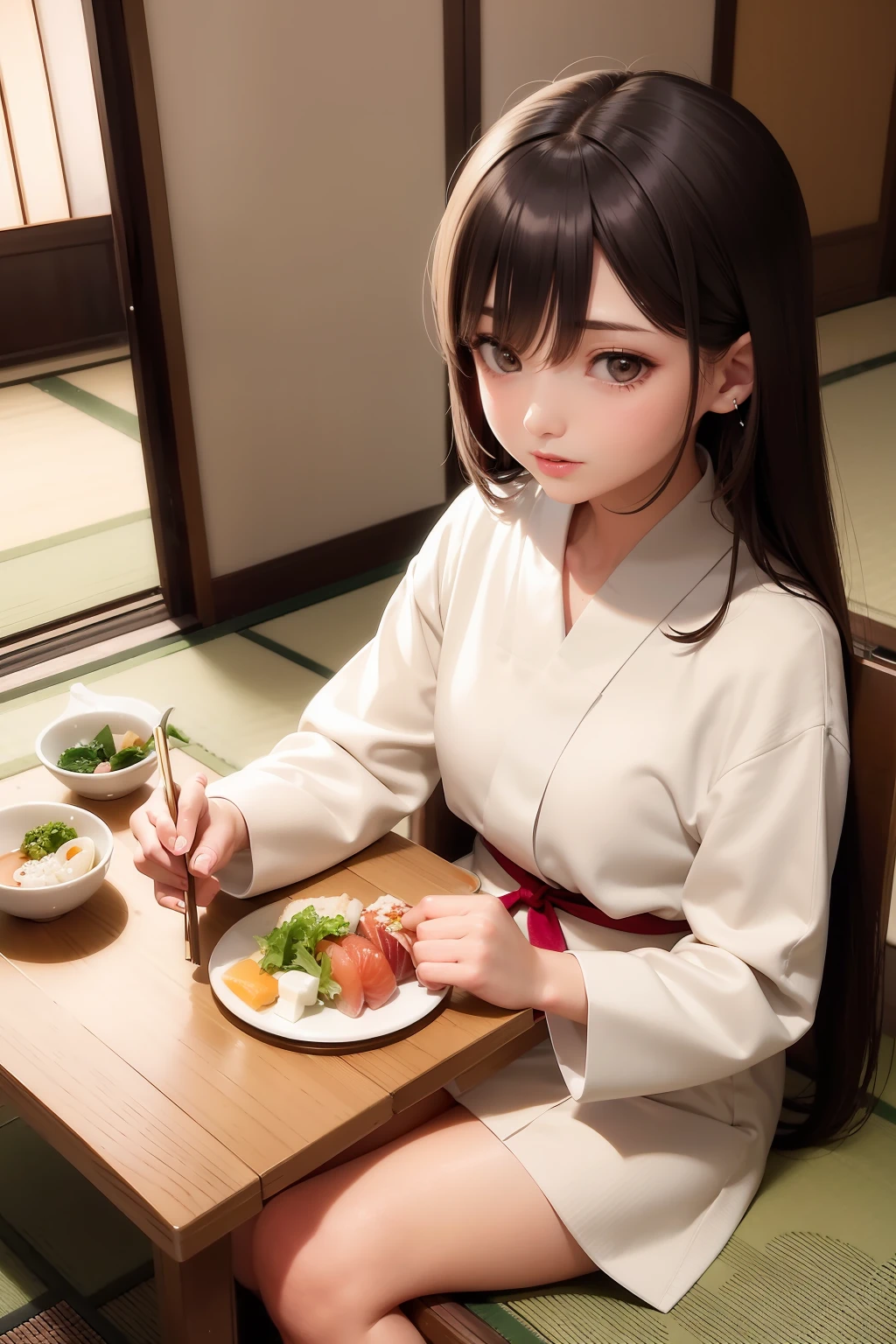 1female,18yr old,Beautiful women eat sushi,Princess cut,brunette color hair,Pearl earrings,mayonnaise,enjoying,tatami mats,dining room,clogs,catss,warmth,heal