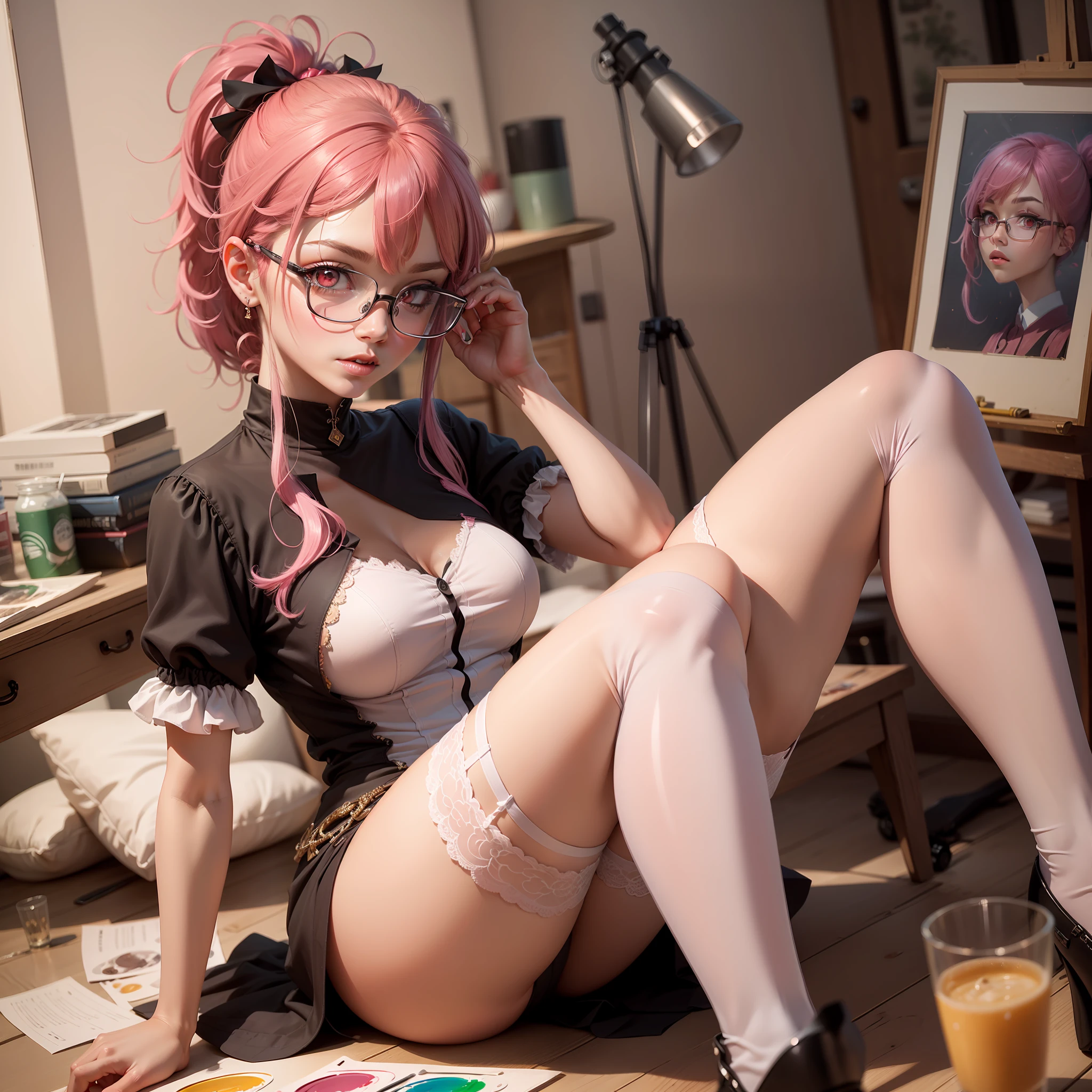 Kizi，Pink hair，Pink eyes，High ponytail，Bring glasses，Two-dimensional painting style，quality， white stockings，high light，shadings，The texture is clear