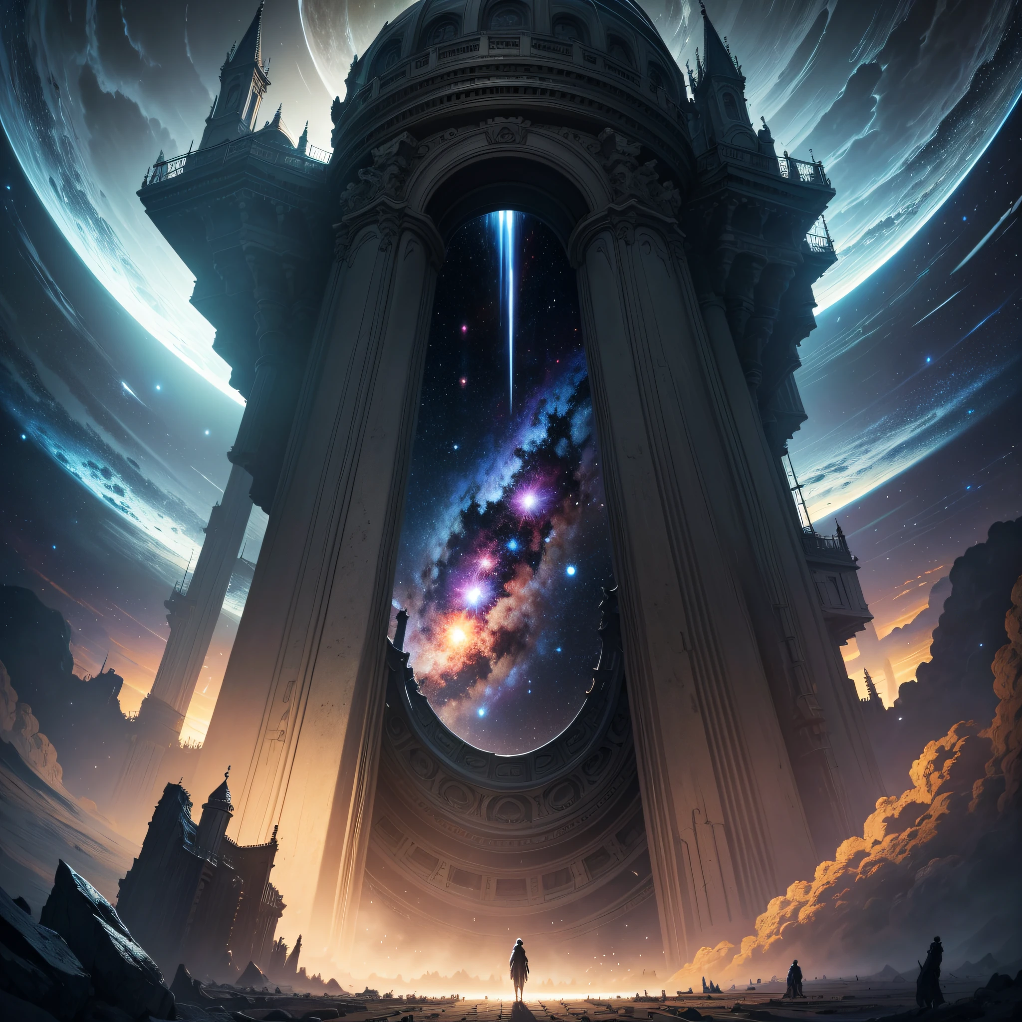 ((best quality)), ((masterpiece)), (high detail), (highres), staring up into the infinite length of the universe, endless galaxies, , dangerous black holes, exploding super novas, floating stars, endless staircases, star nebulas, ominous, cinematic atmosphere, negative dark mode, mc escher, art by senseijaye, matrix atmosphere, digital code swirling, matte painting --auto