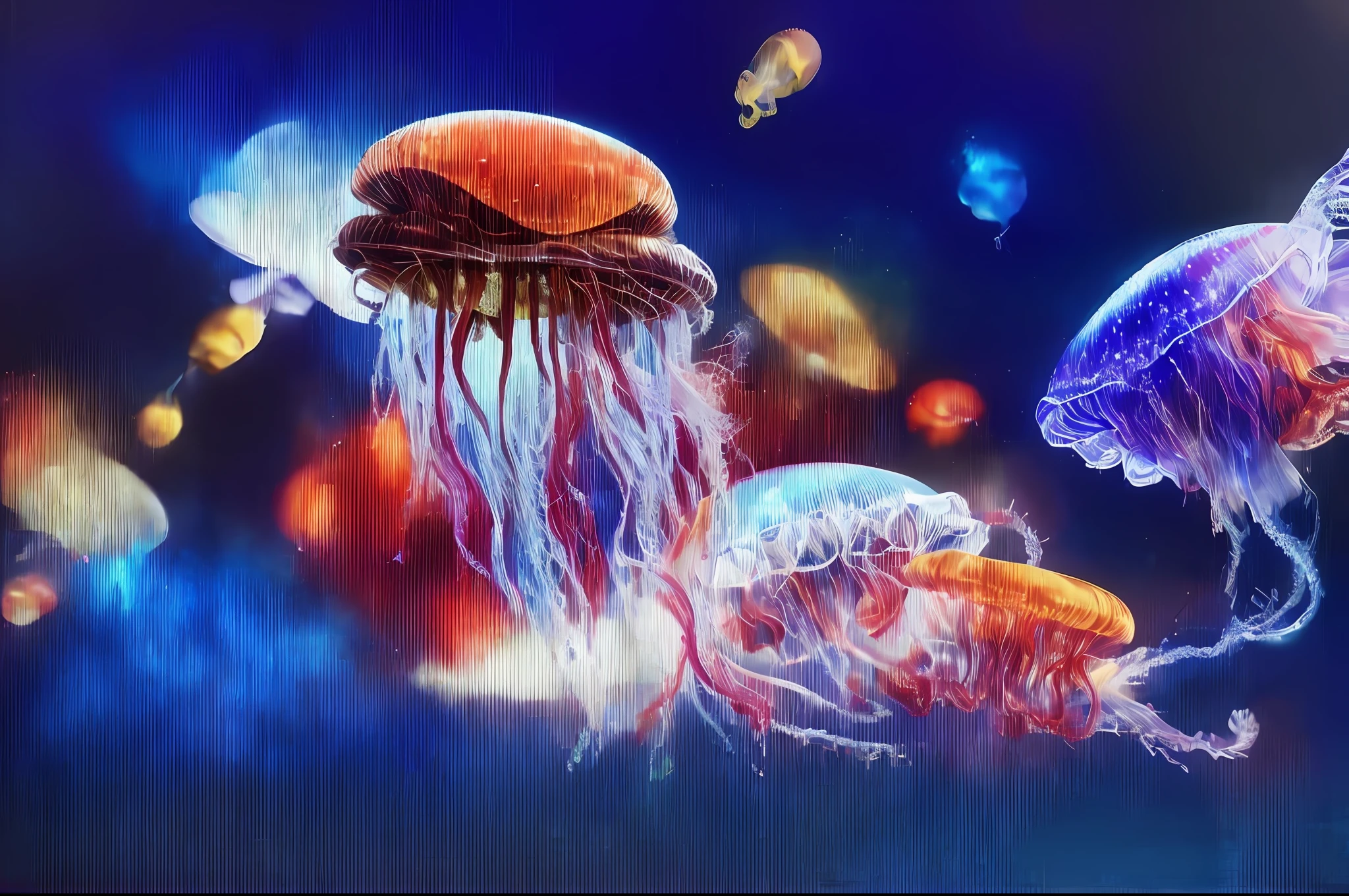 painting jellyfish in a sea of water with lights, cyberpunk jellyfish, Medusas, Aquarela altamente detalhada 8 K, Aquarela altamente detalhada 8K, neon jellyfish, Burger mixes jellyfish, Dance of the jellyfish, protetor de tela impressionante, its a deep dream, artistic 4 k, Arte NFT, Medusas, 8k highly detailed ❤️🔥 🔥 💀 🤖 🚀