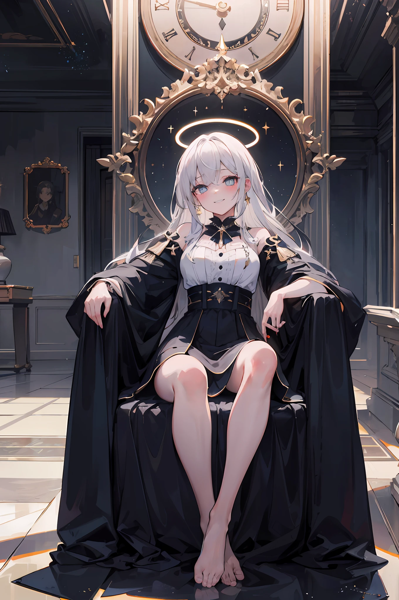 A girl with white hair anime god sitting on a black throne,without nose,Characters take up one-third of the frame,In the background is the remains of a huge black clock,star-shaped pupils, halo, seductive smile, full blush, Surrealism, high detail, Romanticism, ray tracing, chiaroscuro, cinematic lighting, sparkle, god rays, stereogram, wide shot, perspective, 135mm, highres, UHD, retina, ccurate, masterpiece, anatomically correct, super detail, high quality, best quality