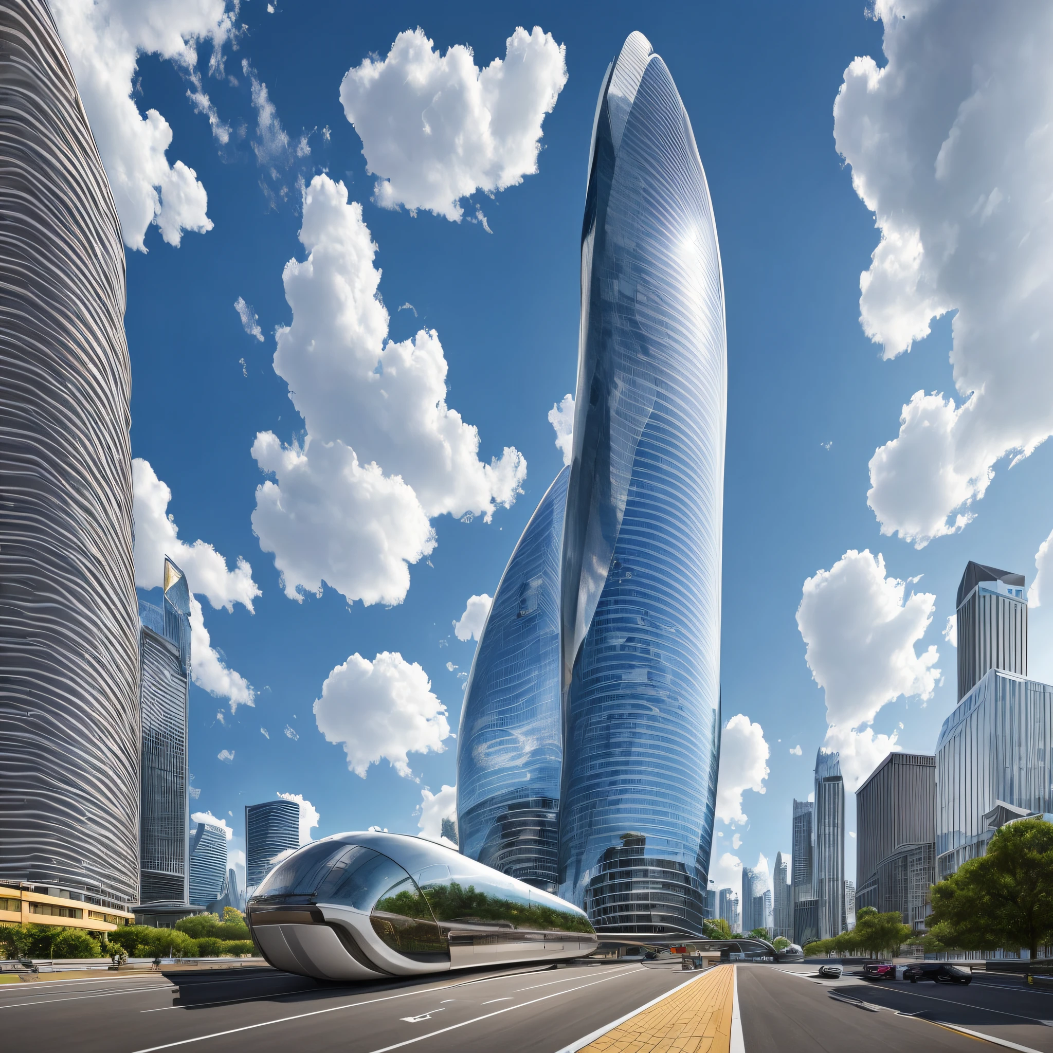 Tower,truth,The future cityscape is filled with awe-inspiring technological marvels. Towering skyscrapers rise into the clouds, boasting sleek and modern designs. The fusion of streamlined, curved, and geometric architectural structures with reflective materials and glass facades creates a mesmerizing futuristic landscape. On the streets, remarkable floating transportation vehicles glide swiftly, such as flying cars or maglev trains, exuding a high-tech exterior as they navigate the city's airspace style:Photographi