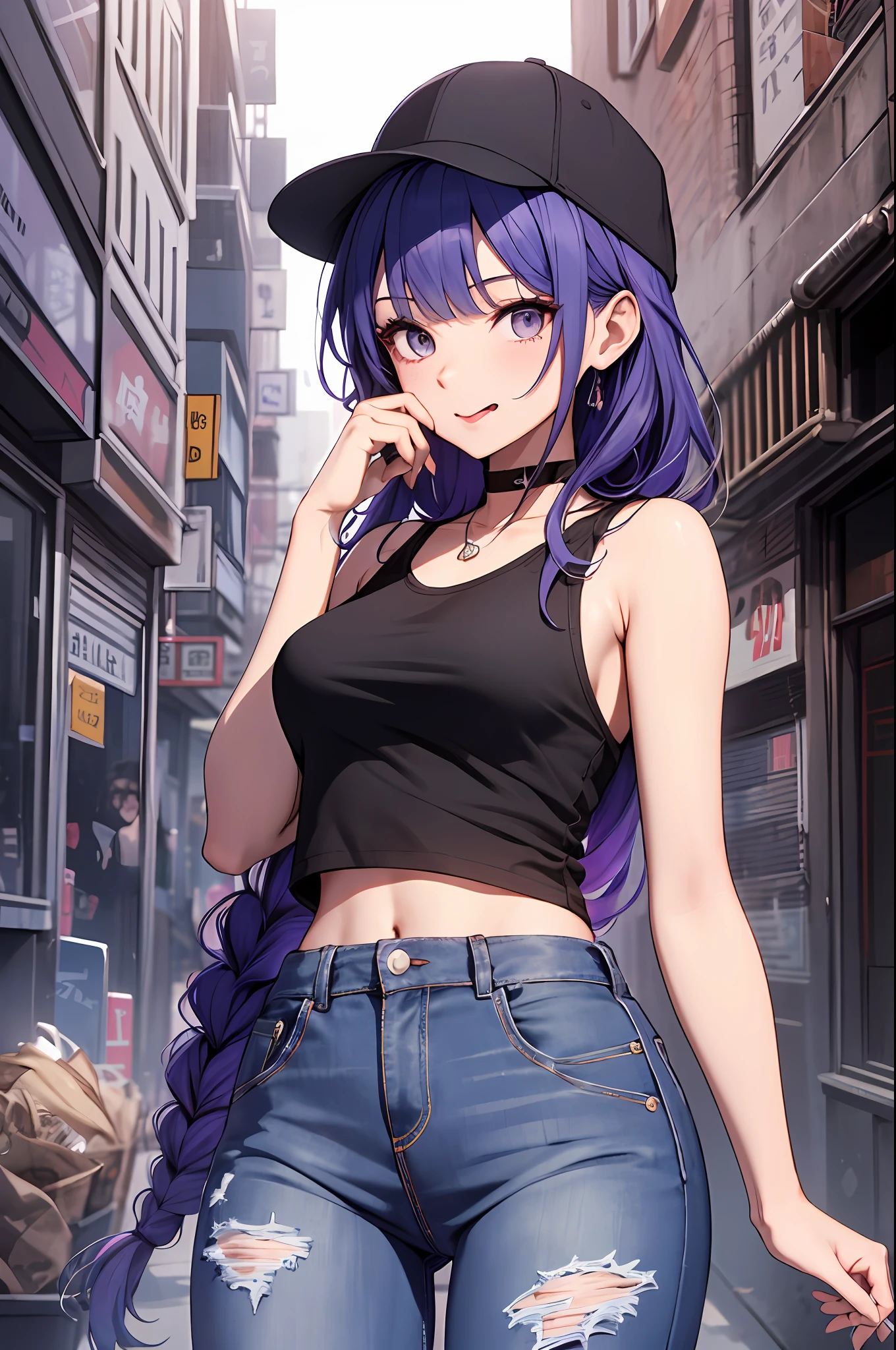 （（（best qualtiy，tmasterpiece））），highly  detailed，复杂，Beautiful cool avant-garde（（1girll）），独奏，，Wear a sleeveless cropped top，Lavender long braid hair，choker necklace，baggy jeans，Dystopian city alleys，Overlooking，greet，Stick out your tongue，mischievous