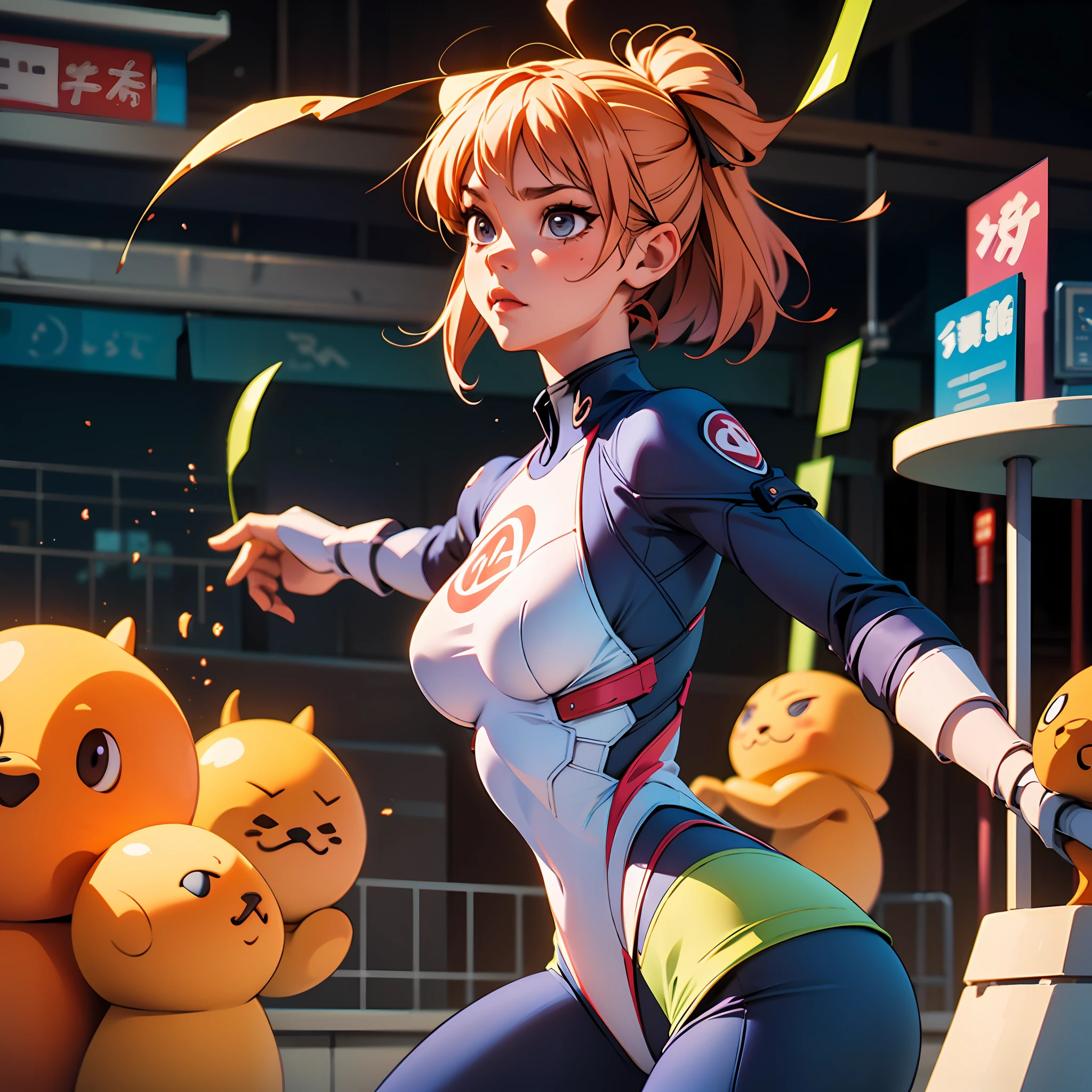 best qualtiy, Cybergirl, 1个Giant Breast Girl, 独奏, short detailed hair, The background is blurred out, gymnastic suit --auto