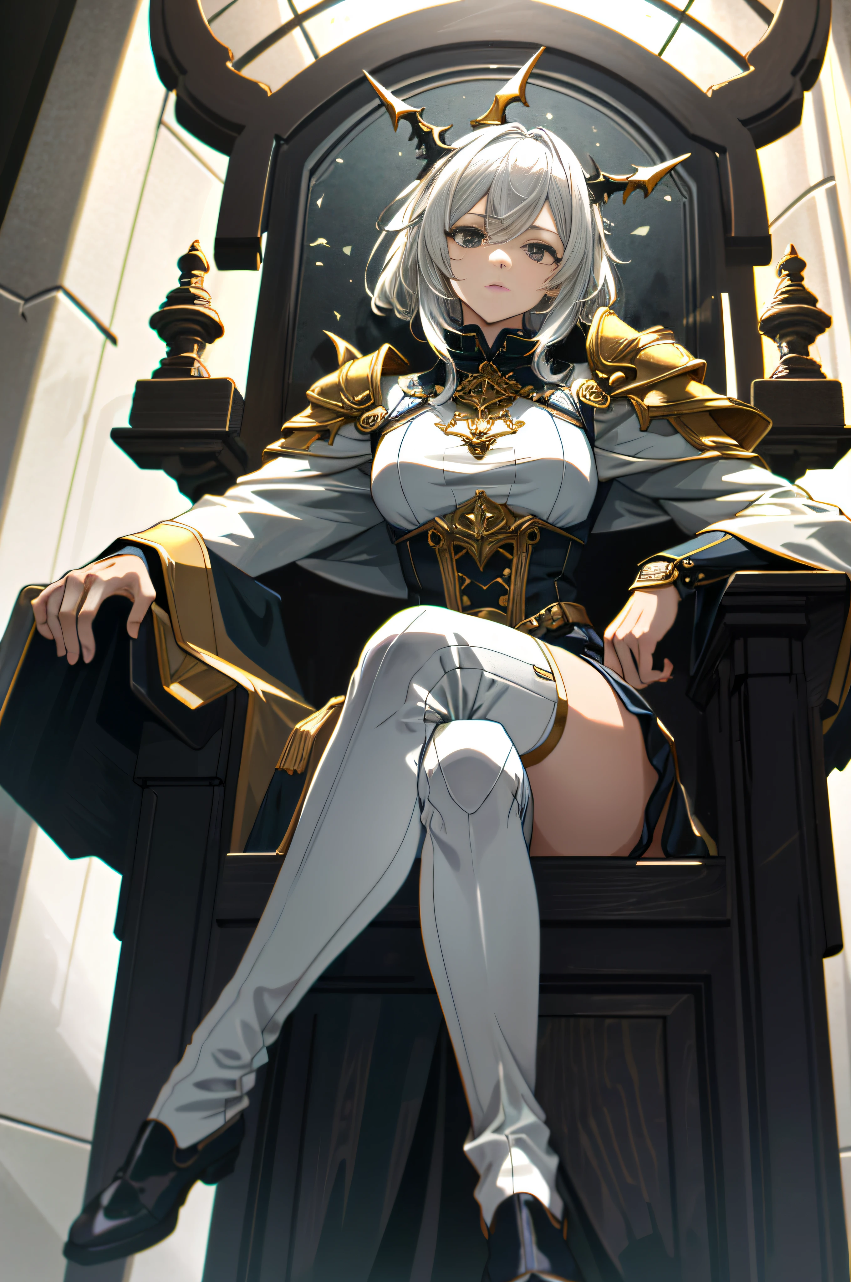 Anime girl sitting on the throne,Thick thighs,The background is the clock, Best anime 4k konachan wallpaper, sitting on intricate throne, sitting on a metal throne, perched on intricate throne, Seated on an ornate throne, in a throne room, lying a throne in a fantasy land, From Arknights, Sitting on a throne, Sit on a pitch-black throne,white hair, silver hair, gradient hair, blonde hair, chiaroscuro, cinematic lighting, motion blur, ray tracing, god rays, image fill, Cubism, Verism, high detail, vanishing point, perspective, UHD, masterpiece, retina, masterpiece, anatomically correct, textured skin, high details, award winning, highres, best quality, high quality, super detail