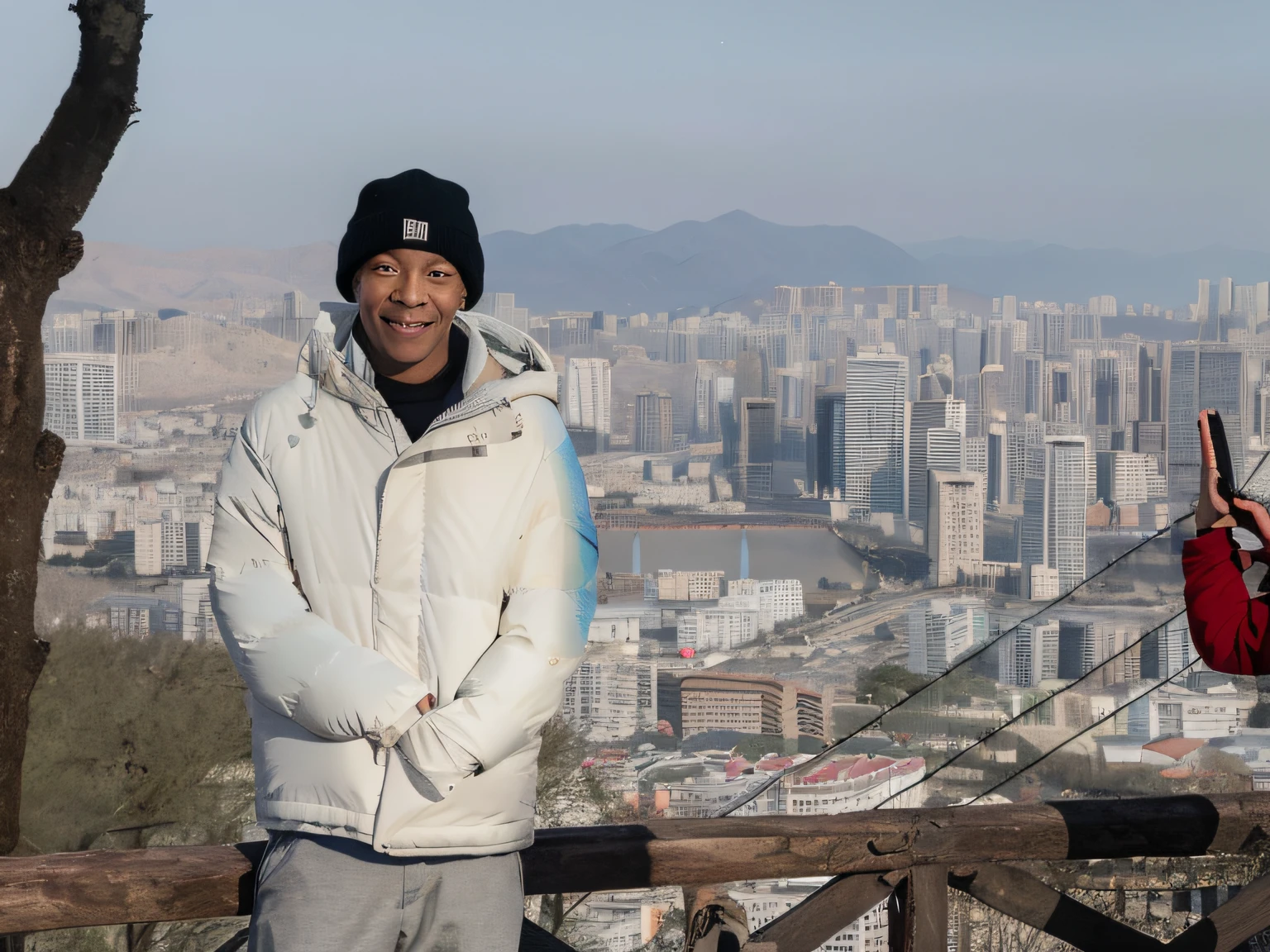 They stood on a wooden fence and looked at the camera, with the city as the background, overlooking a modern city, with the mountains in the background, jc park, with the mountains in the background, City in the background, urban in the background, with a park in the background, moutain in background, urban in the background, in front of a sci fi cityscape, beautiful fine sky