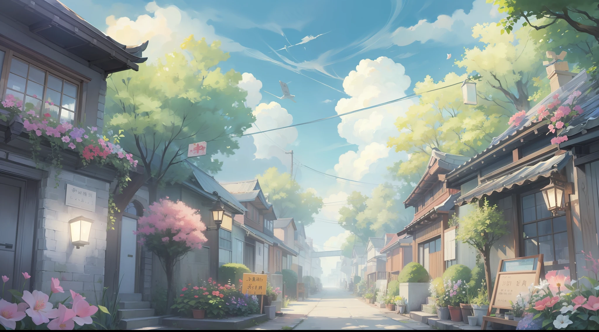 /imagine prompt: A tranquil and peaceful residential area with lush trees and blooming flowers, a sign that says "Smile Community" hangs at the entrance. The sky is filled with clouds and mist, creating a mysterious atmosphere. by Manhua --niji 5