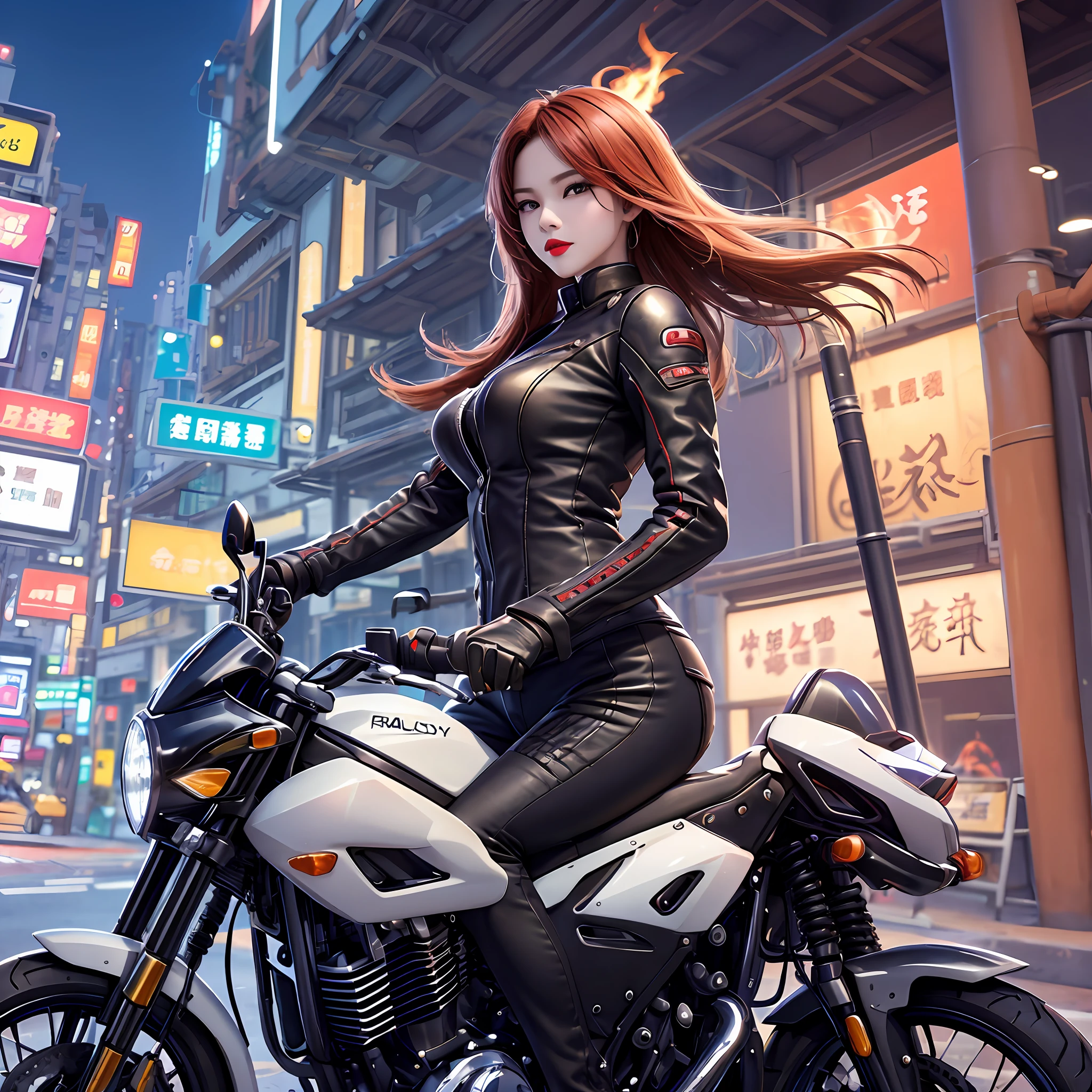 best qualtiy，超高分辨率，ultra - detailed，incredibily detailed，Motorcycle girl，long whitr hair，Flaming red lips，Night view of Hong Kong streets，Live the life of Riley，with beautiful colors，facula， --auto