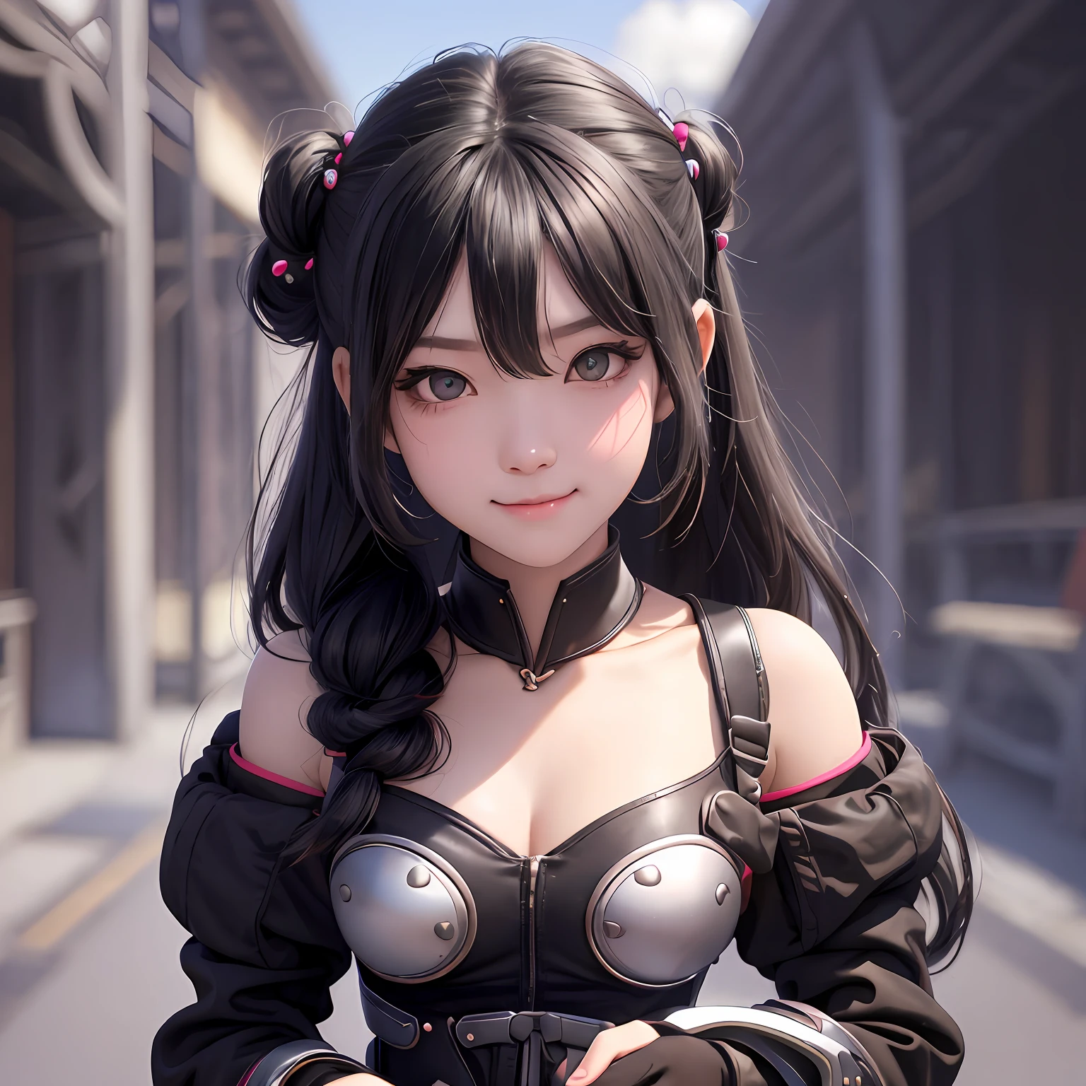A girl, Black hair, hair bobbles, long eyelasher, solid circle eyes, Light smile, Ear blush, Fang, surrealism, shadowing, anaglyph, stereograms, tachi-e, angle of view, Atmospheric perspective, 8K, Super detail, ccurate, Best quality --auto