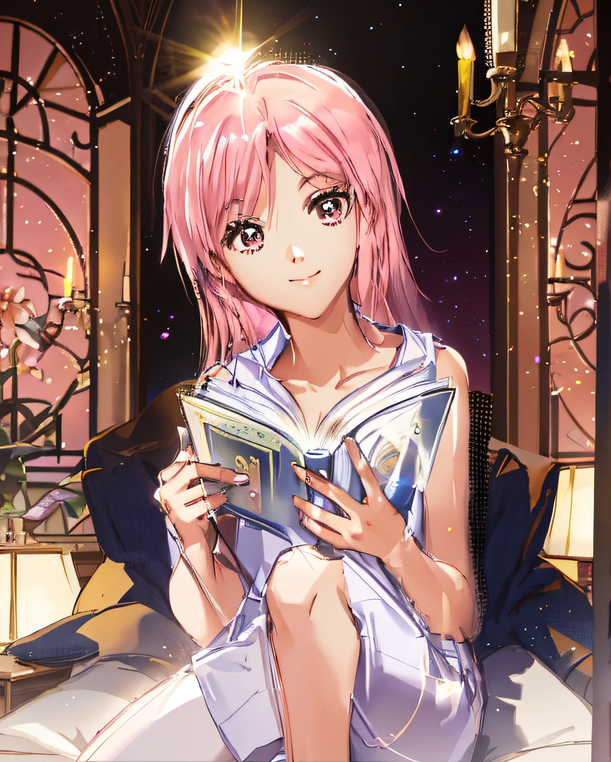 A beautiful girl with pink hair is sitting on the sofa reading a book in tank top pants,The girl was happy,Bare arms,Bare thighs,Expose the collarbone,White vest,White pants,Medieval hotel sofa,waxy candles,