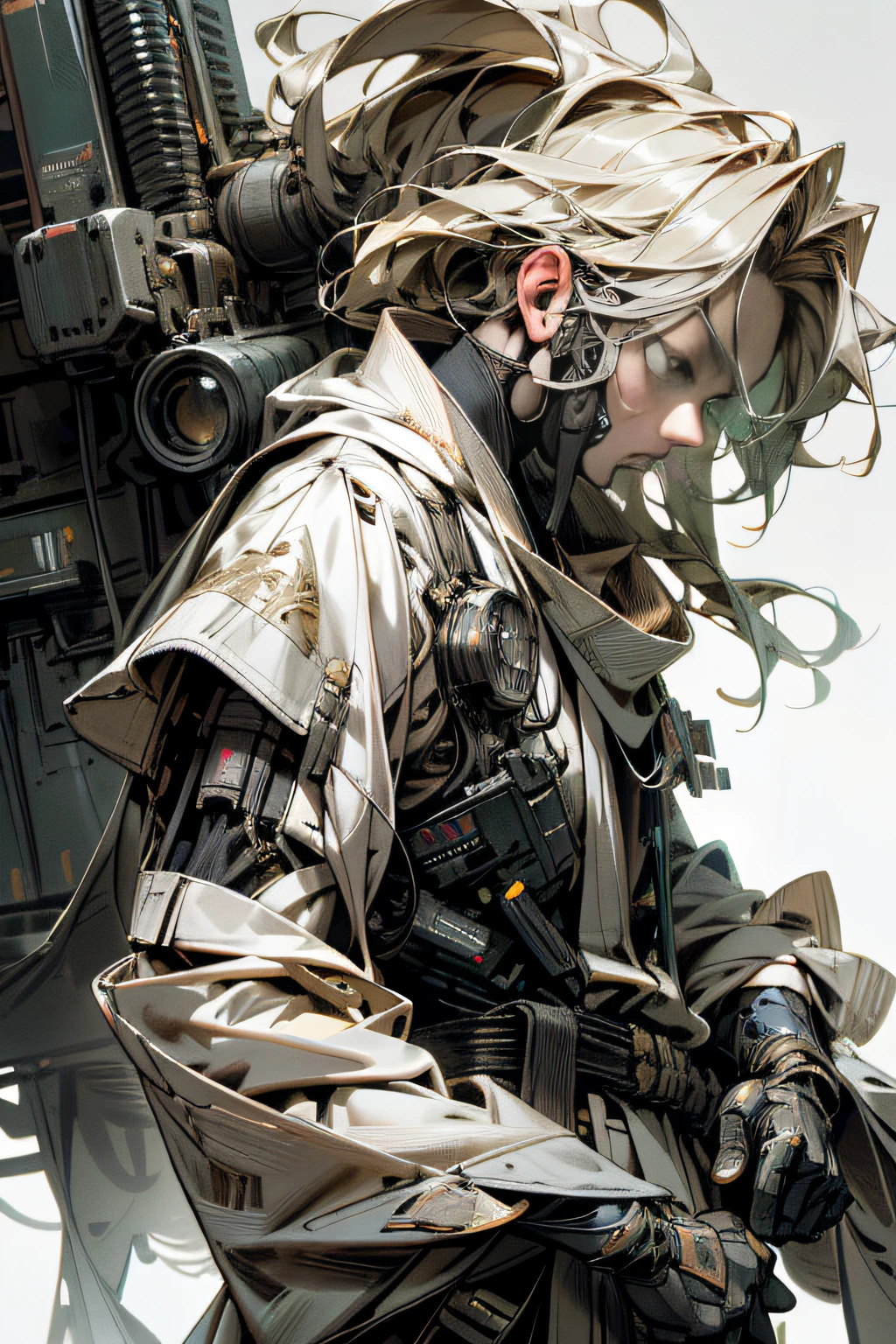 Masterpiece, Best Quality, Film, Official Art, Propaganda Art, Movie Wallpaper, Very Detailed CG Unified 4k Wallpaper, Intricate Details, White Background, Upper Body, Facial Focus, Concept Art, Production Art, ( , Highres, (realistic, photo-realistic:1.2), physically-based rendering, machinery, reflection, realistic, cyberpunk, symmetric front view close up head shot eyes symmetry face very sharp focus realistic award winning matte drawing movie light 1 boy, mecha, (Illustration: 1.1), slim, fair skin, delicate face, king robe, shine, tights, (long blonde hair), green eyes, battlefield, chip, shine, sword