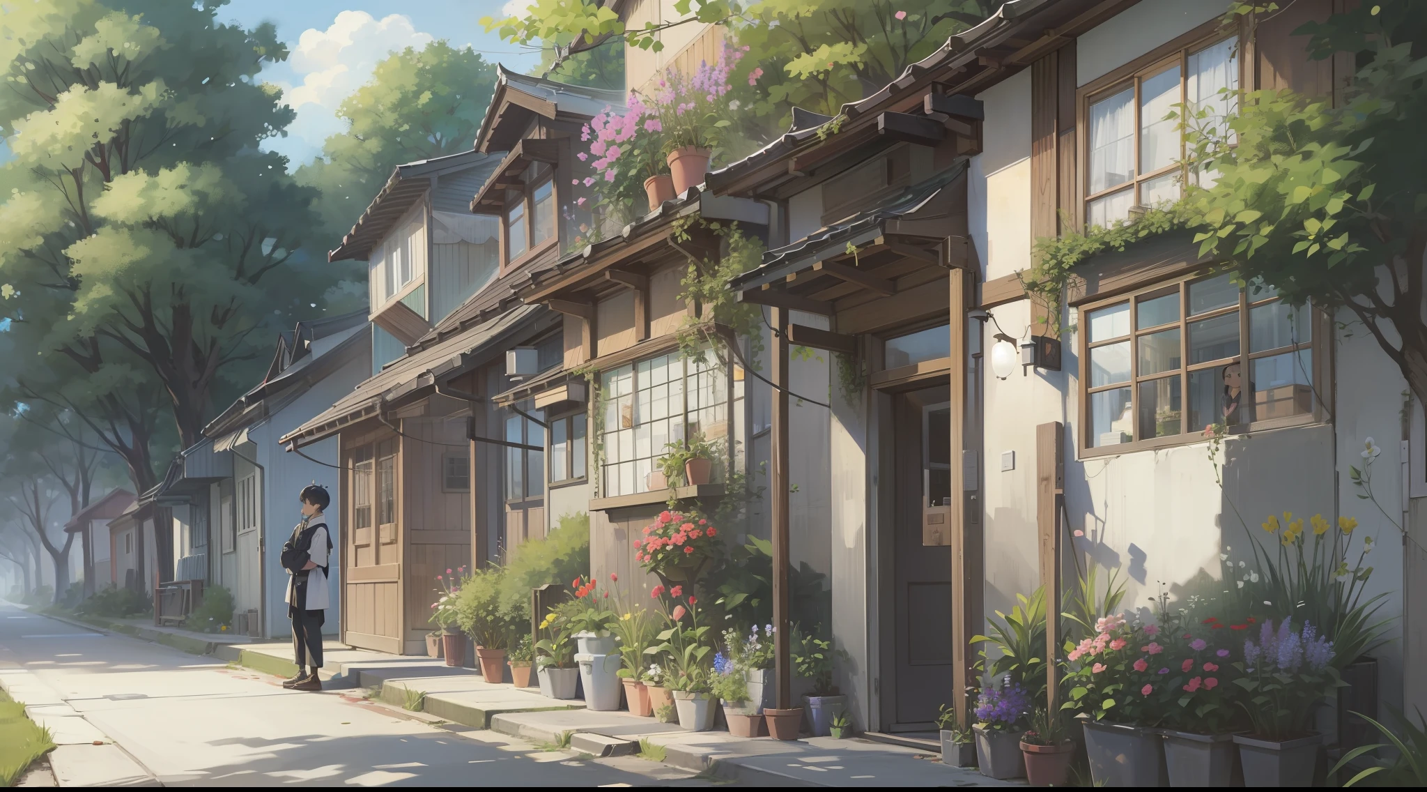 /imagine prompt: A quiet street in the community, houses neatly arranged, tall trees and well-trimmed flower beds on both sides of the street. Suddenly, a house of a resident becomes empty, as if they disappeared into thin air. by Manhua --niji 5