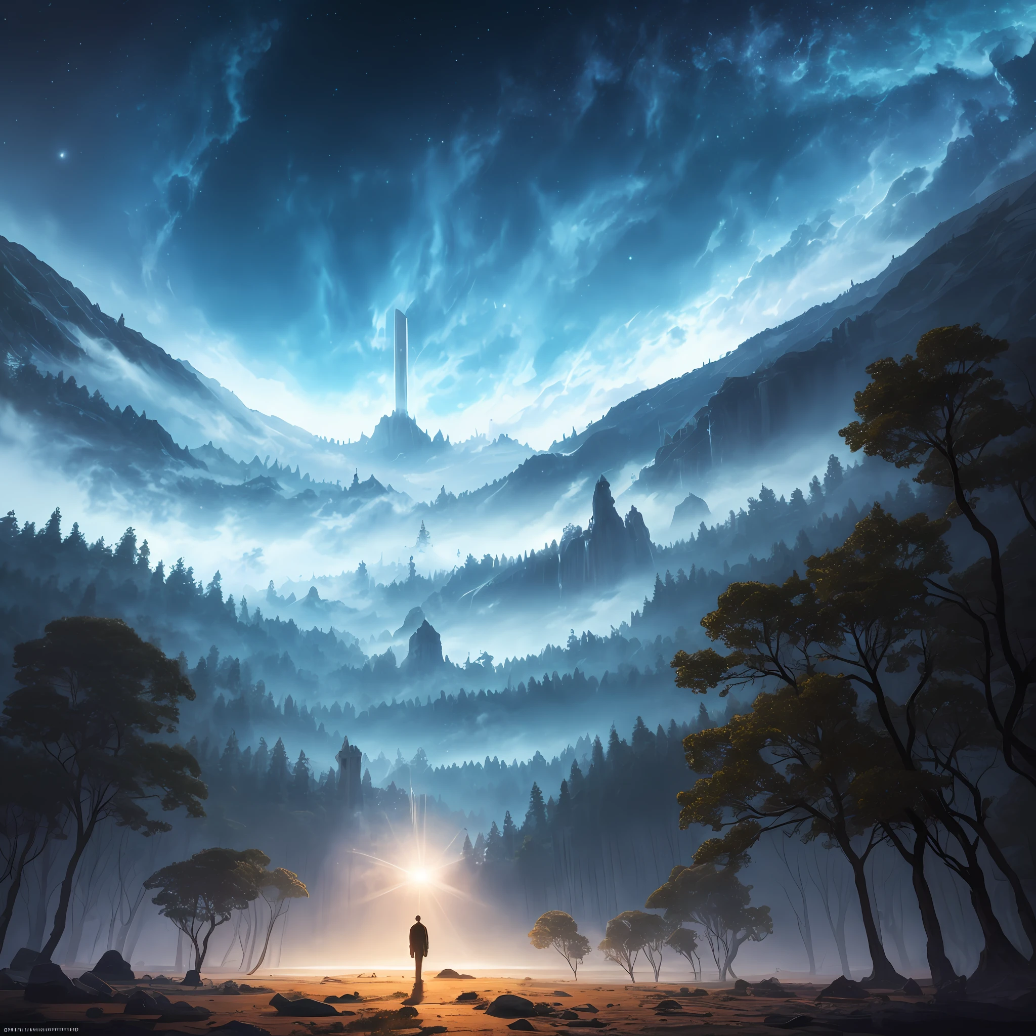 A beautiful land full of water and trees, intrincada, obra-prima, especialista, insanamente detalhada, 4k, compositing, enquadramento, centrado, simetria, pintada, intrincada, volumeric lighting, bela, rica obra-prima de cores profundas, foco nítido, ultra detalhado, no estilo de dan mumford e marc simonetti, astrofotografia, an extremely strong white light coming from the sky in the center of the image, a person enlightened on a throne but you can't see his face --auto