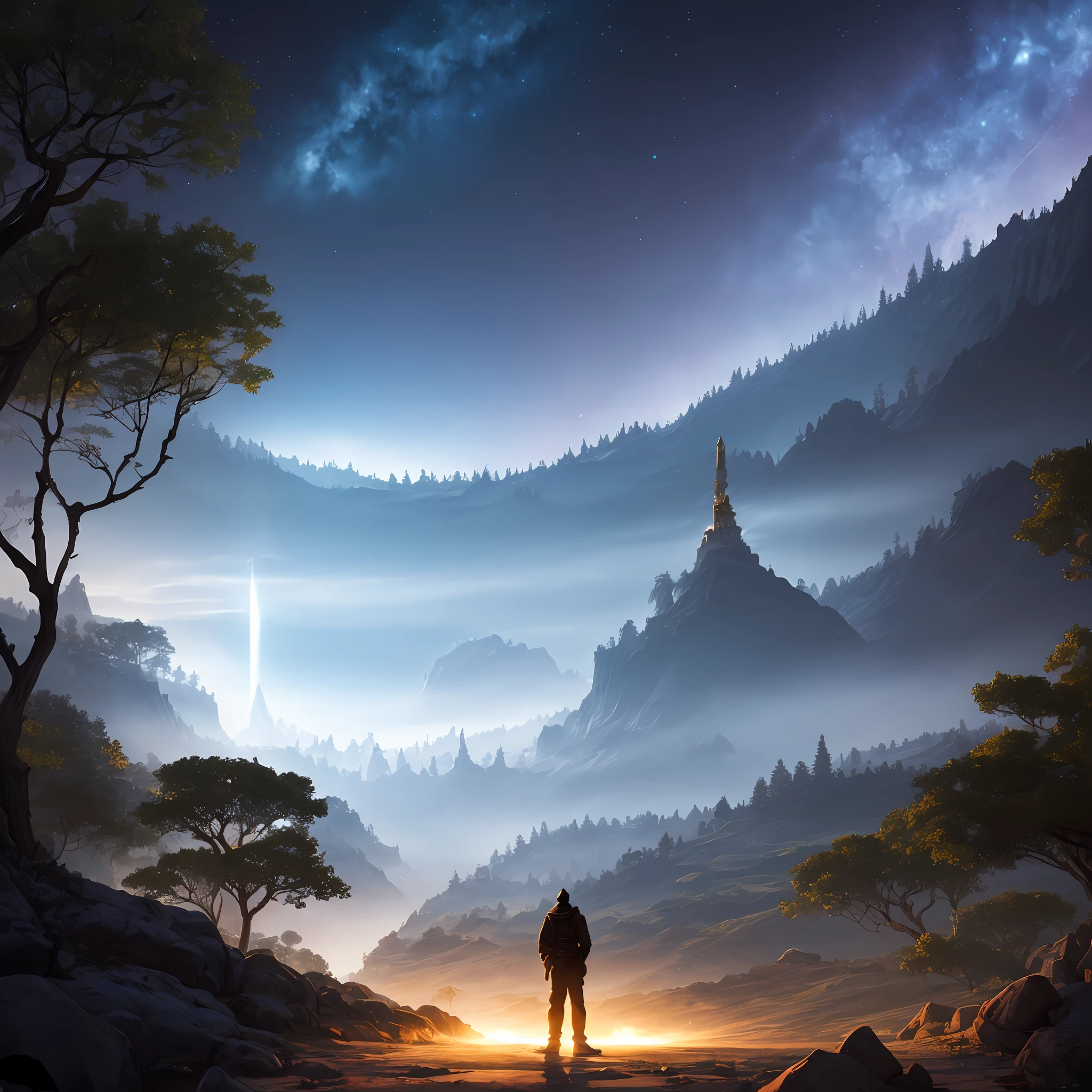 A beautiful land full of water and trees, intrincada, obra-prima, especialista, insanamente detalhada, 4k, compositing, enquadramento, centrado, simetria, pintada, intrincada, volumeric lighting, bela, rica obra-prima de cores profundas, foco nítido, ultra detalhado, no estilo de dan mumford e marc simonetti, astrofotografia, an extremely strong white light coming from the sky in the center of the image, a person enlightened on a throne but you can't see his face --auto