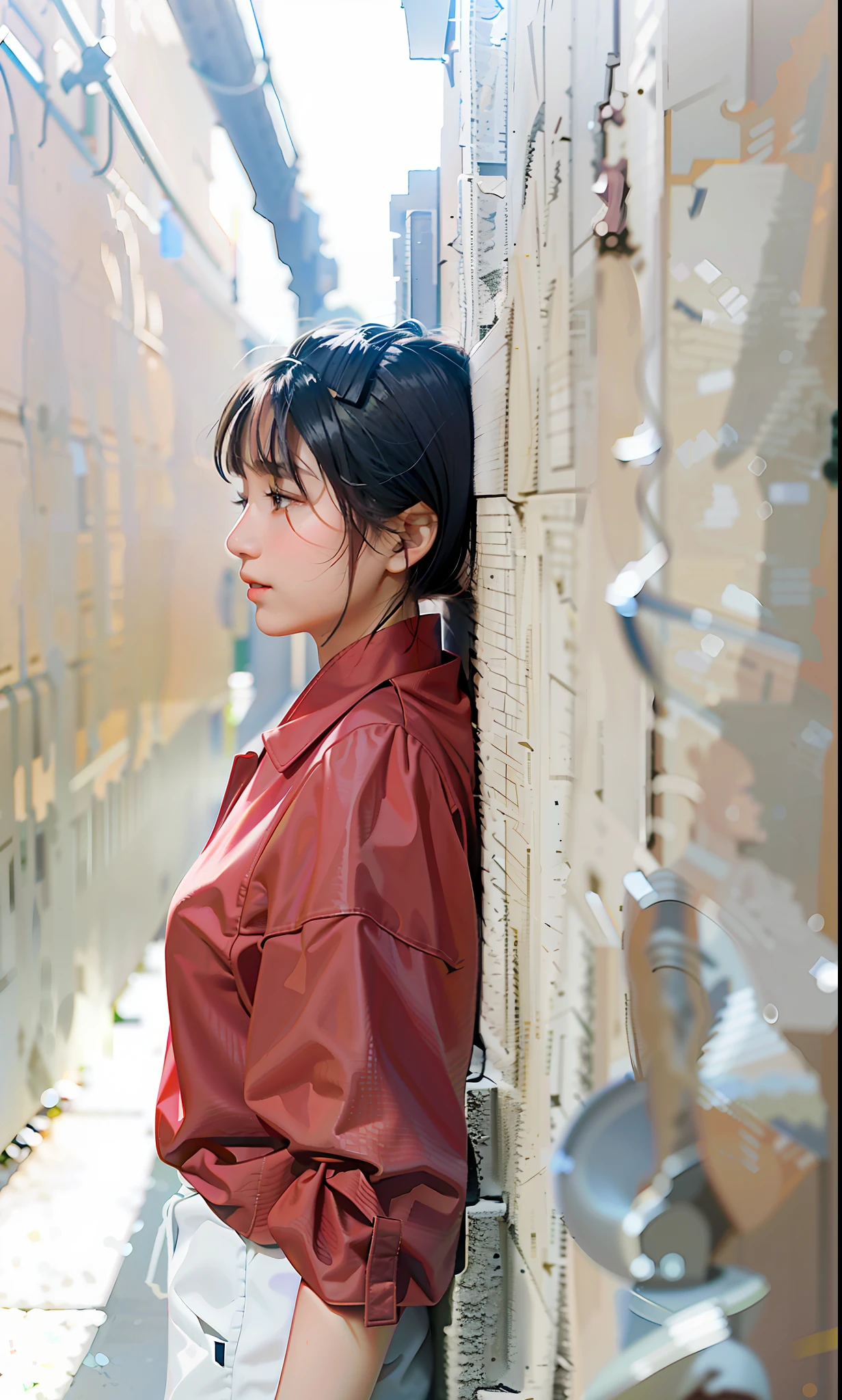 A young Asian girl leans against a wall,Stand sideways quietly in the alley,Silhouette portrait of a Chinese girl with waist up。