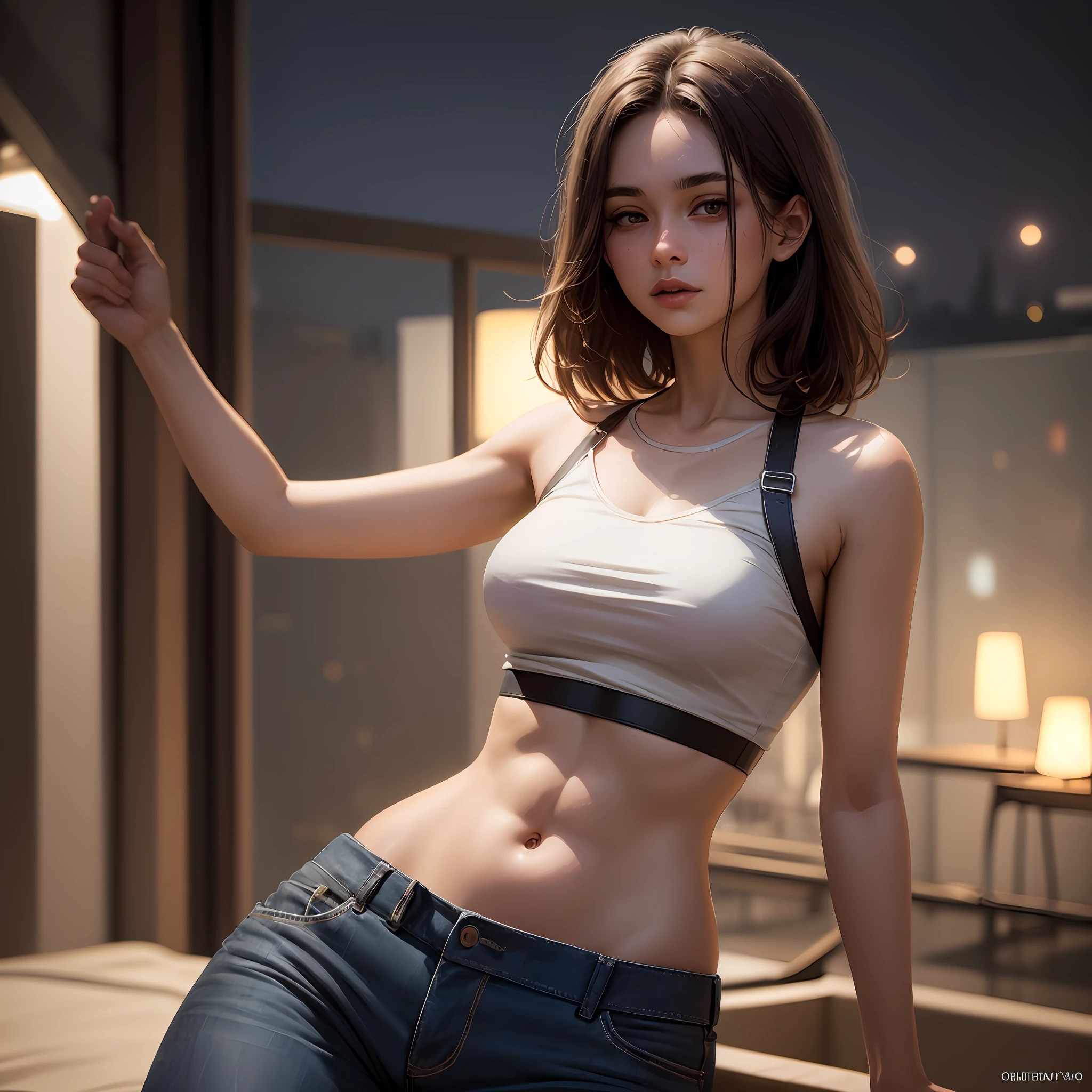 ((Realistic lighting, Best quality, 8K, Masterpiece: 1.3)), Clear focus: 1.2, 1girl, Perfect beauty: 1.4, Slim abs: 1.1, ((Dark brown hair)), (White crop top: 1.4), (Outdoor, Night: 1.1), Park view, Super fine face, Fine eyes, Double eyelids, --auto