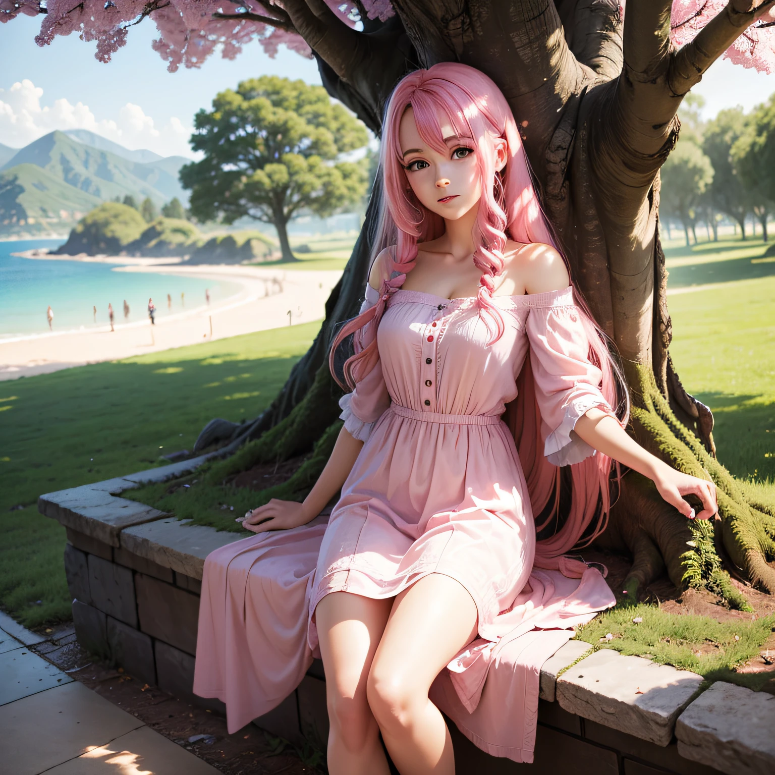 The tree,A very beautiful girl,with pink hair,Mare,