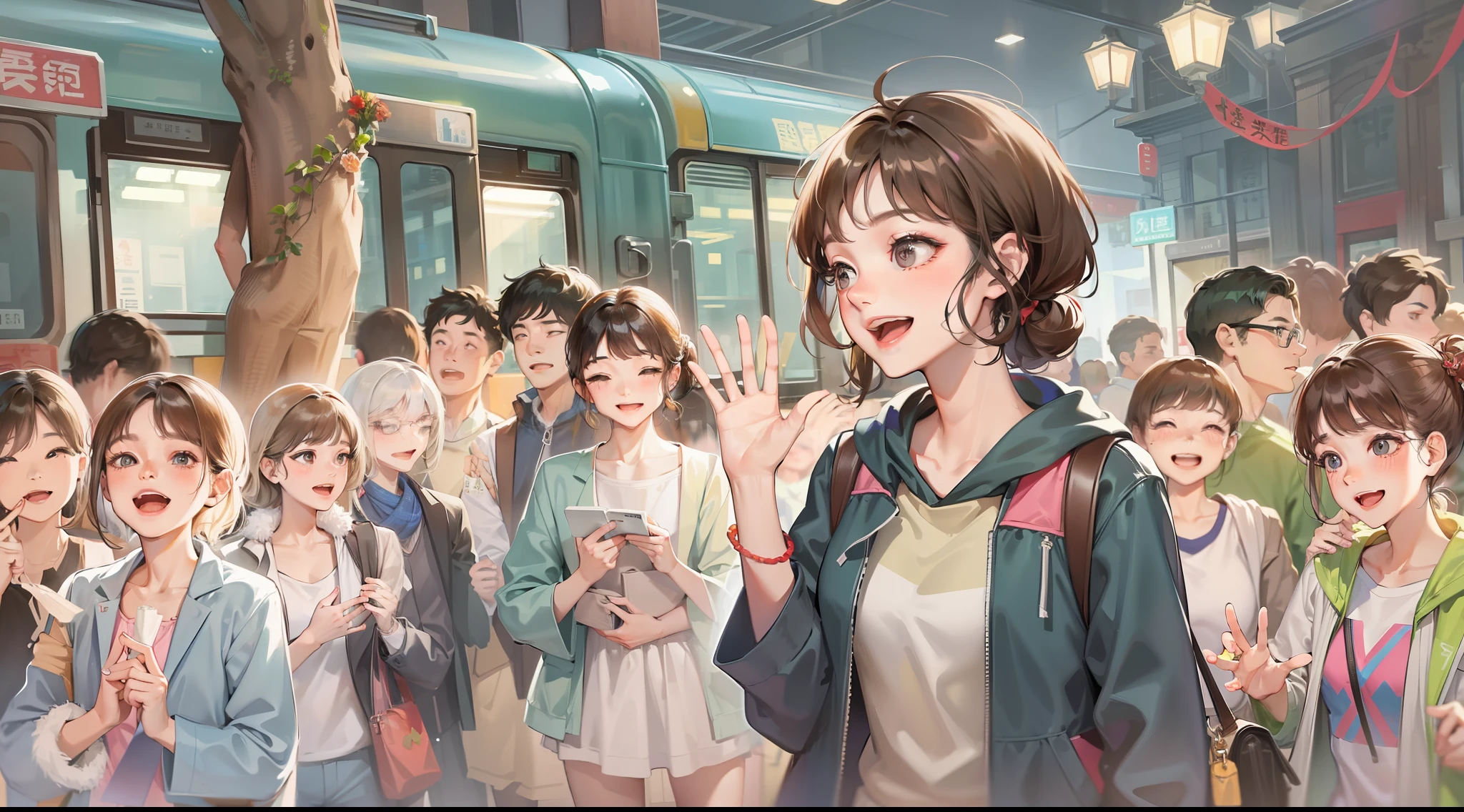 /imagine prompt: A lively entrance of the community, people gathered together with excited expressions. Wu Jie stands in the crowd, waving her hands and encouraging everyone to welcome the new residents. The new residents get off the bus and greet everyone with smiles. by Manhua --niji 5