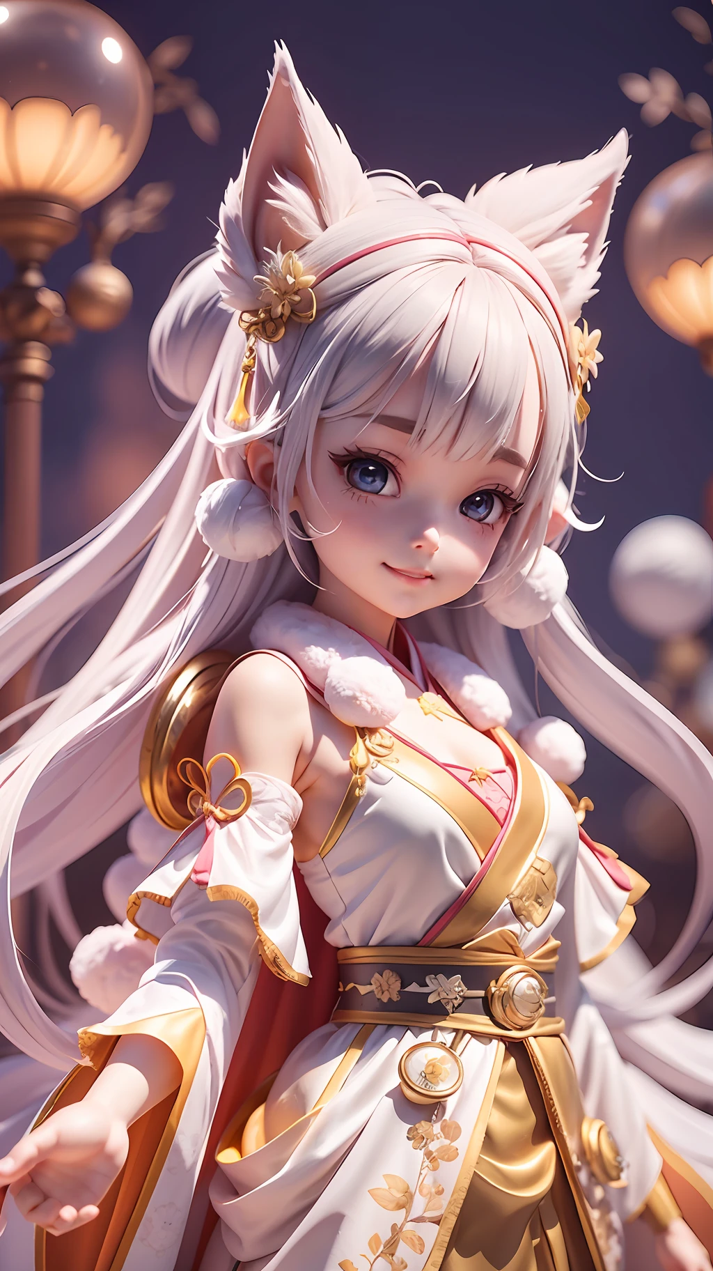 Super cute little girl, wearing gorgeous Hanfu, little vixen, anthropomorphic, bubble mart style, wearing an elegant cape, sweet smile, white fur, bright big eyes and fluffy tail, clouds floating gently, extremely detailed 3D animation, super realistic, super detailed, luxury movie lights, octave light, Octaneendering, zbrush,