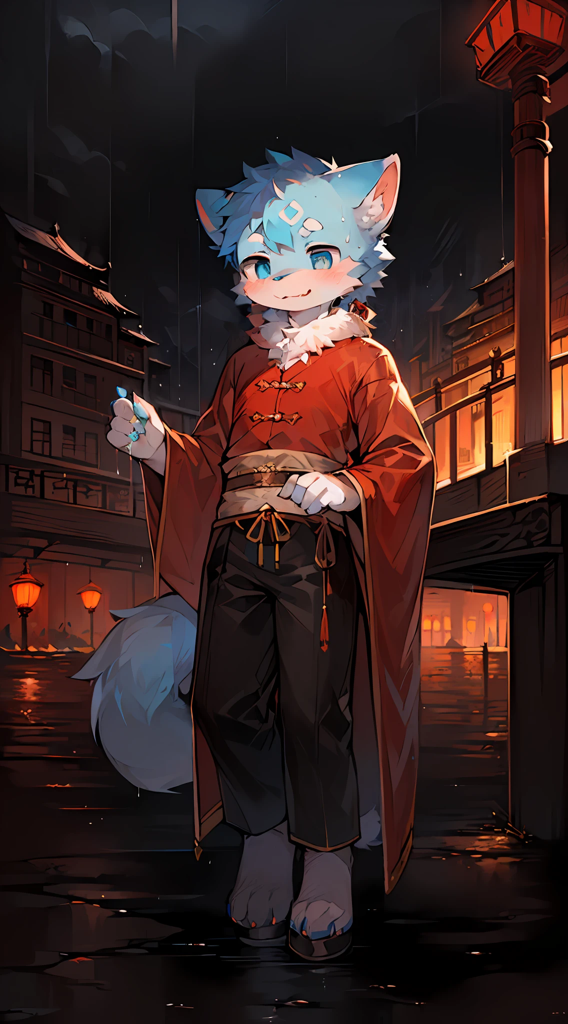 Masterpiece, high quality, absurd resolution, digital painting \ (artwork \), dagasi, yupa, kiyosan, (fluffy fur: 1.1), (brightness: 0.8), anthro male cat. (blue eyes, white fur, gradient blue ears, full body fur, cat nose: 1.2), bright eyes, panorama, character focus. Detailed background, (Chinese style clothes, handsome, sabre: 1.2), (rainy days, bridge: 1.2)