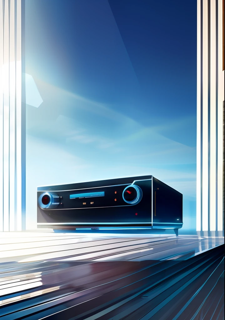 Power amplifier, High resolution concept art for apartment living room,Overlooking the large futuristic city,Floor-to-ceiling windows and mid-century modern furniture, cinmatic lighting, CGSesociety, TV cabinet, tv set, window, rays of sunshine