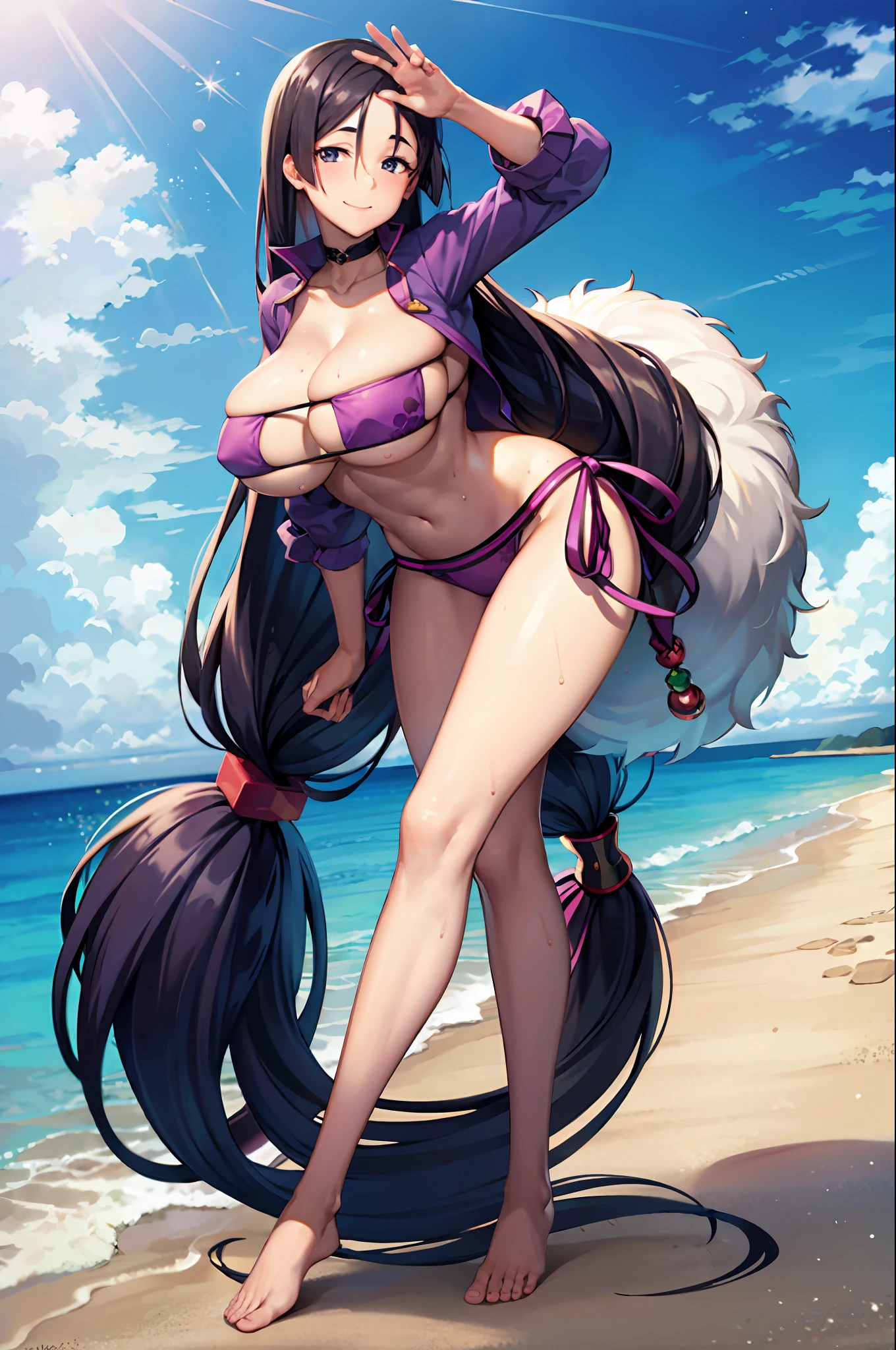 Masterpiece, best quality, high resolution, HS1,barefoot,V-shaped swimsuit Looking at the audience, Male Beach Long hair, big breasts, smile, iron collar, full body, black sky, depth of field, wet gorund, pose sexy