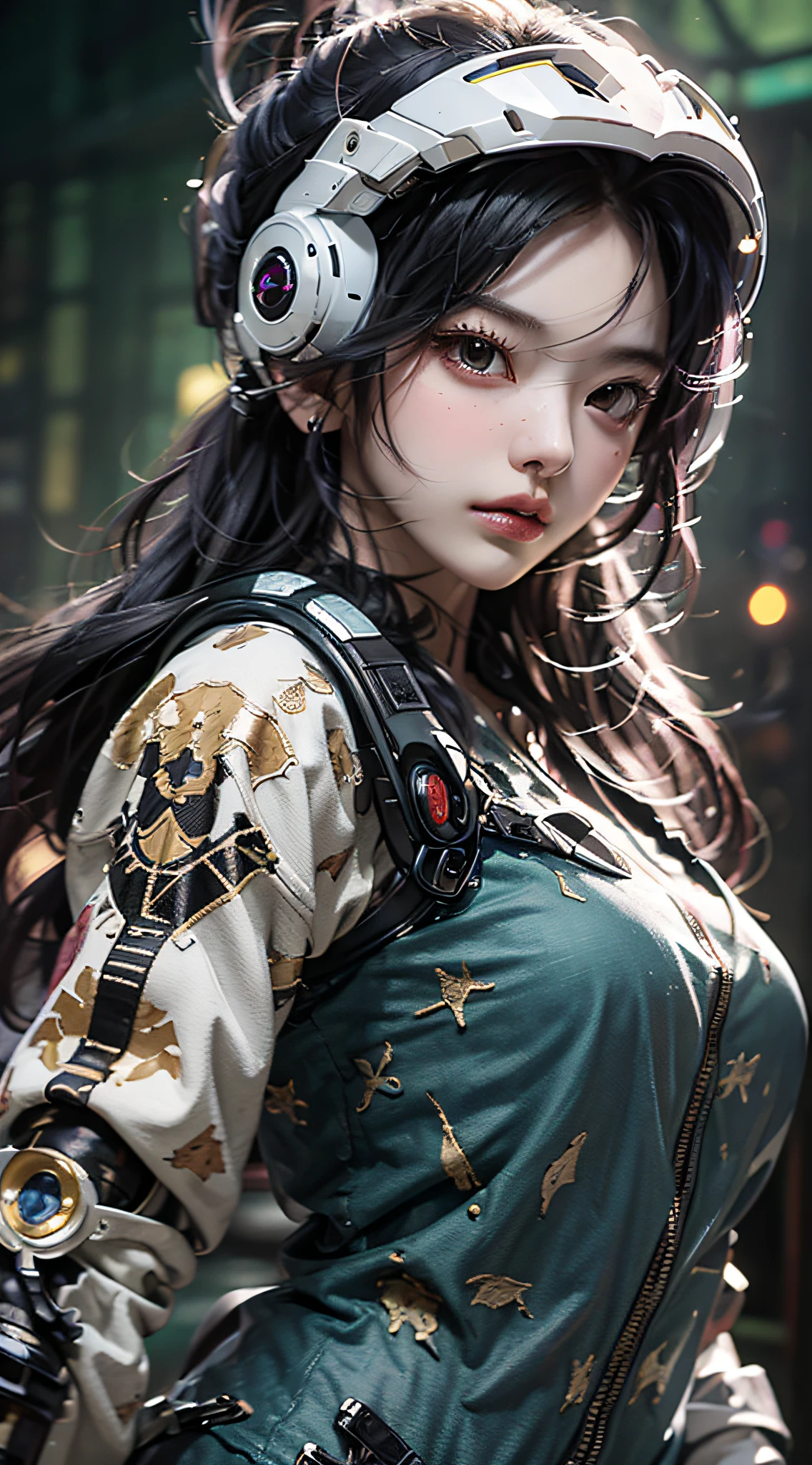 Highest image quality,Outstanding details,超高分辨率,(fidelity:1.4),The best illustration,Favor the details,Highly cohesive 1girl,He has a delicate and beautiful face,Dressed in a black-green mech,wearing a mech helmet,Hold the direction controller,(Ride on a motorcycle 1.3),The background is a high-tech lighting scene in the future city。