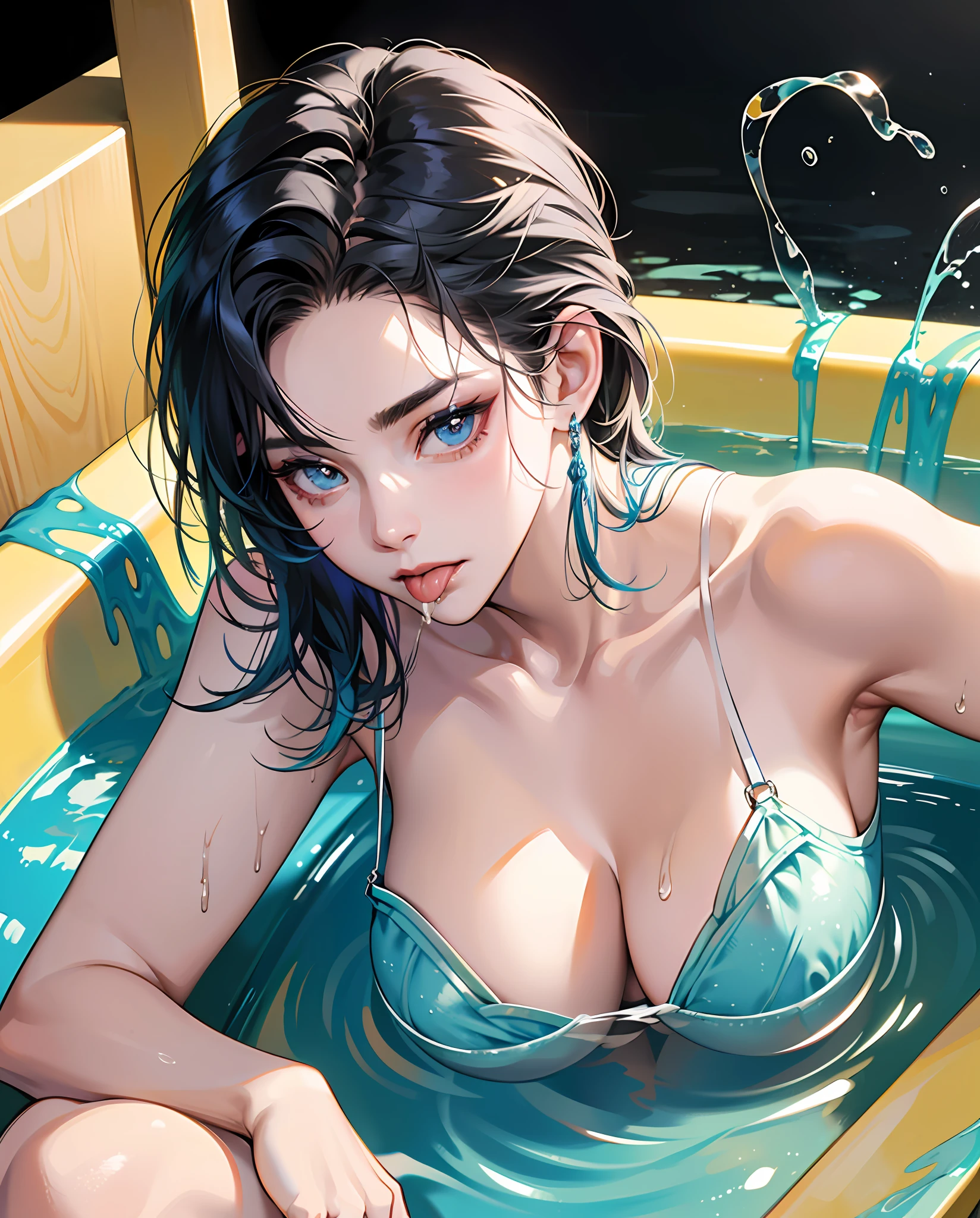 (high quality 8K anime), hermaphrodite, twink male body, male short hair, (Photorealism), masterpiece, best quality, portrait, Perfect underarmpit, fishnet clothing, (Japanese KPOP idol:1.2), (realistic beautiful Asian), close up and soft up to everything, (plump body), spot light, super pale skin, dark make up, sharp focus, detailed anatomy, ultra-wonderful face detail, (his deep drippy blue colored melting slime body under the coat), 39 years old, a hot wet erotic blue colored slime super idol, with a ultra-cute face of a Japanese-Korean emo young idol, (long slime tongue), (ultra-detailed eyes), (ultra-detailed skin), (super melting honey hair), laying in a bath pool full of blue slime, (drippy melting body), (hyper huge erotic breasts), super wide wet juicy sexy red lips, soft light, perfect yaoi face, photorealistic, correct fingers, the light is very bright, hypermaximalist style: realistic, photorealism, photography