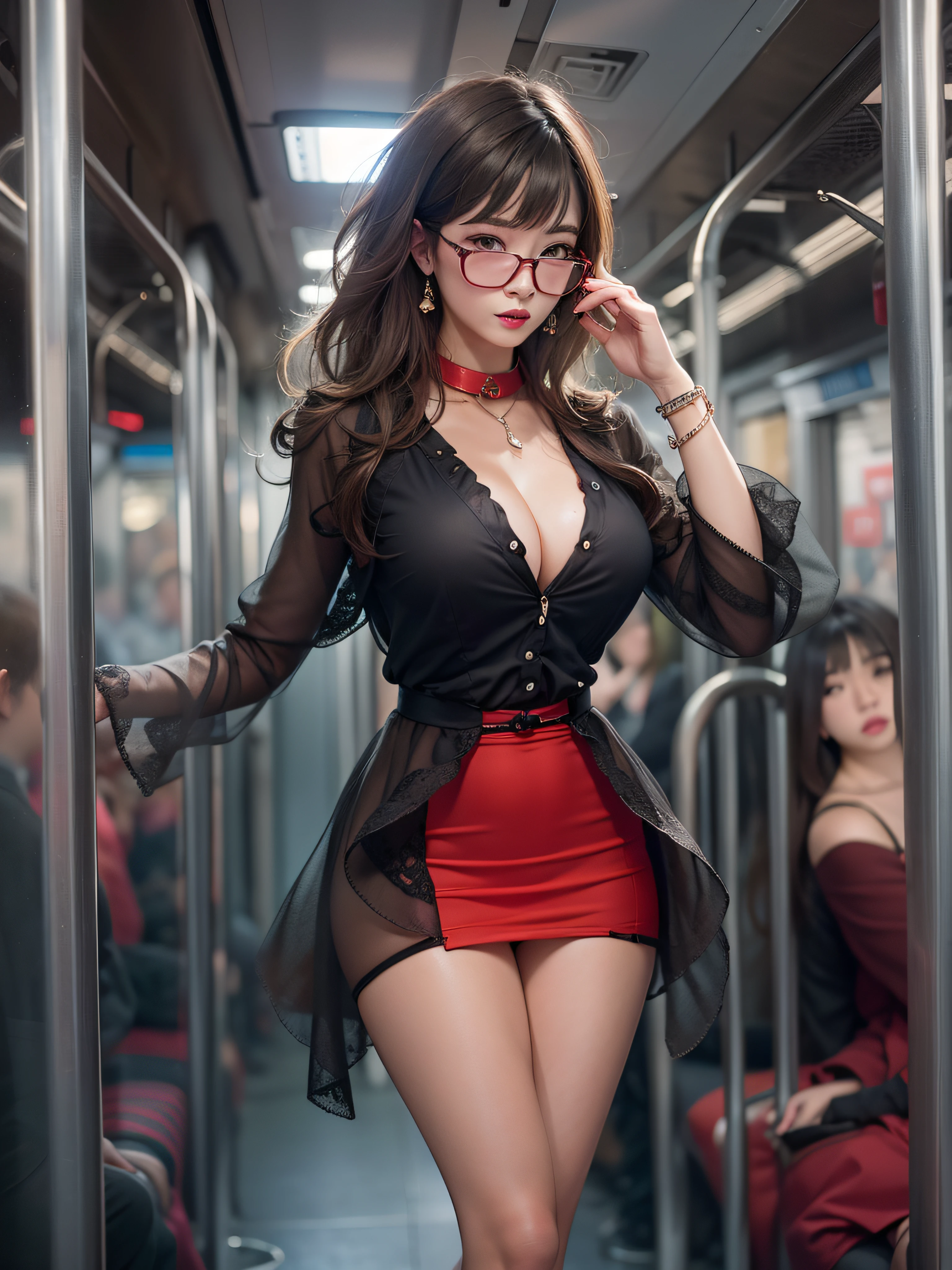 full-body portraits, photograph realistic, Beautiful Chinese woman, Adult video actress, In crowded subway cars, Get wet all over your body, Slim figure, Height 1.6m, perfect female shape, 34C breasts, Naked of breast, Slim waistline, Elongated legs, 28-inch hips, Fine fine skin, Full forehead, Slender eyebrows, Wear red and black erotic lingerie, Suspender stockings, Stiletto heels, tempting pose, streaked hair, brown hair, bangs, wavy hair, messy hair, hair slicked back, medium hair, jewelry, bespectacled, longeyelashes, earrings, makeup, light smile, red lips, cinematic lighting, three sided view, masterpiece, textured skin, super detail, best quality, 8k