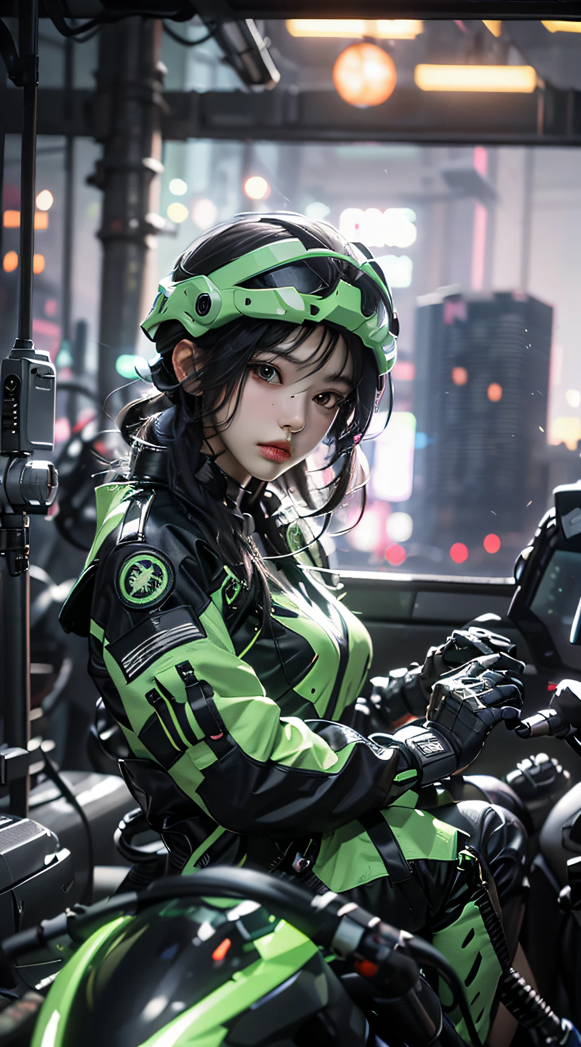 Highest image quality，Outstanding details，超高分辨率，（fidelity：1.4），The best illustration，Favor the details，Highly cohesive 1girl，He has a delicate and beautiful face，Dressed in a black-green mech，wearing a mech helmet，Hold the direction controller，（Ride on a motorcycle 1.3），The background is a high-tech lighting scene in the future city。