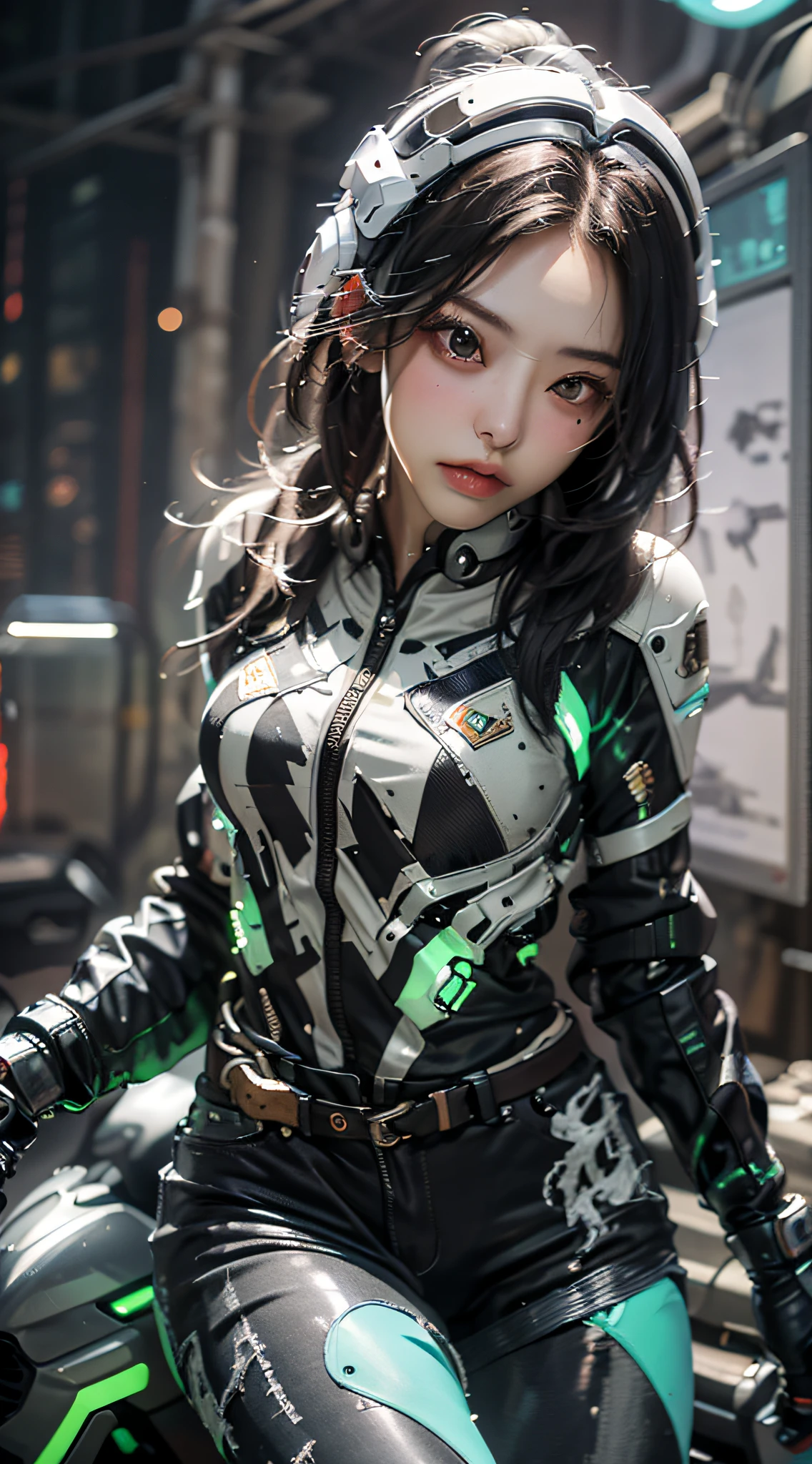 Highest image quality，Outstanding details，超高分辨率，（fidelity：1.4），The best illustration，Favor the details，Highly cohesive 1girl，He has a delicate and beautiful face，Dressed in a black-green mech，wearing a mech helmet，Hold the direction controller，（Ride on a motorcycle 1.3），The background is a high-tech lighting scene in the future city。