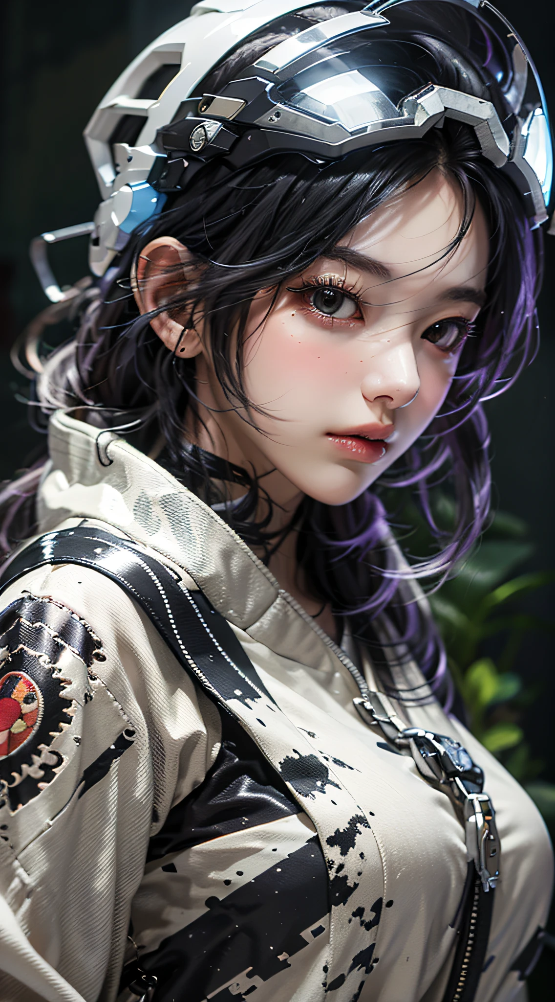Highest image quality,Outstanding details,超高分辨率,(Fidelity:1.4),The best illustration,Favor the details,Highly cohesive 1girl,He has a delicate and beautiful face,Dressed in a black-green mech,wearing a mech helmet,(Ride a motorcycle on 1.3),The background is a high-tech lighting scene in the future city。