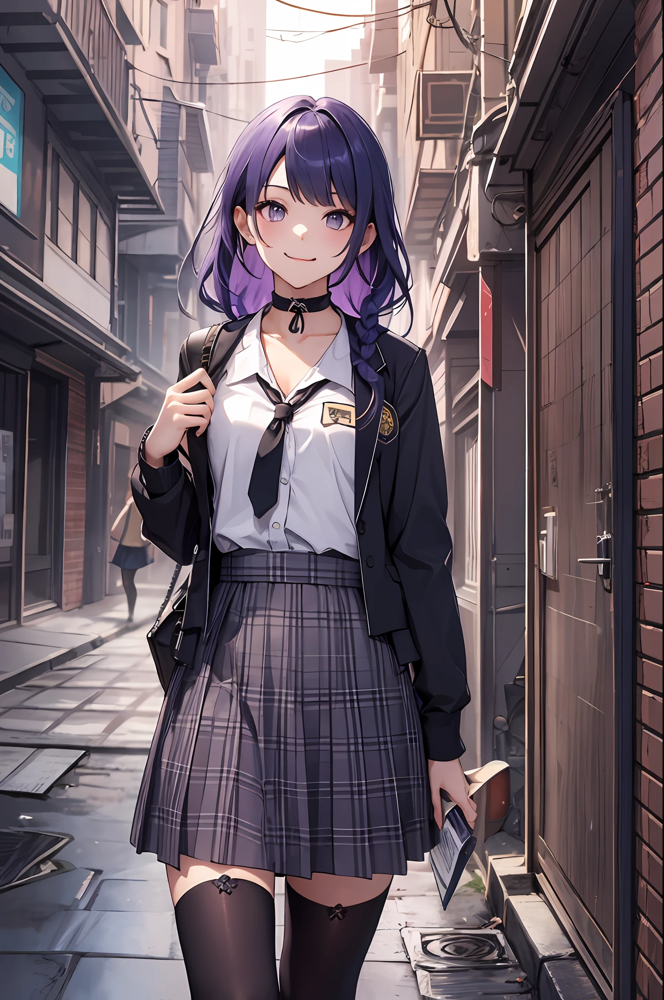 (((best qualtiy,tmasterpiece))),highly detailed,复杂,Beautiful cool avant-garde((1girll)),独奏,Student uniform,Lavender long braid hair,choker necklace,Dystopian city alleys,Overlooking,greet,Stick out your tongue,Mischievous