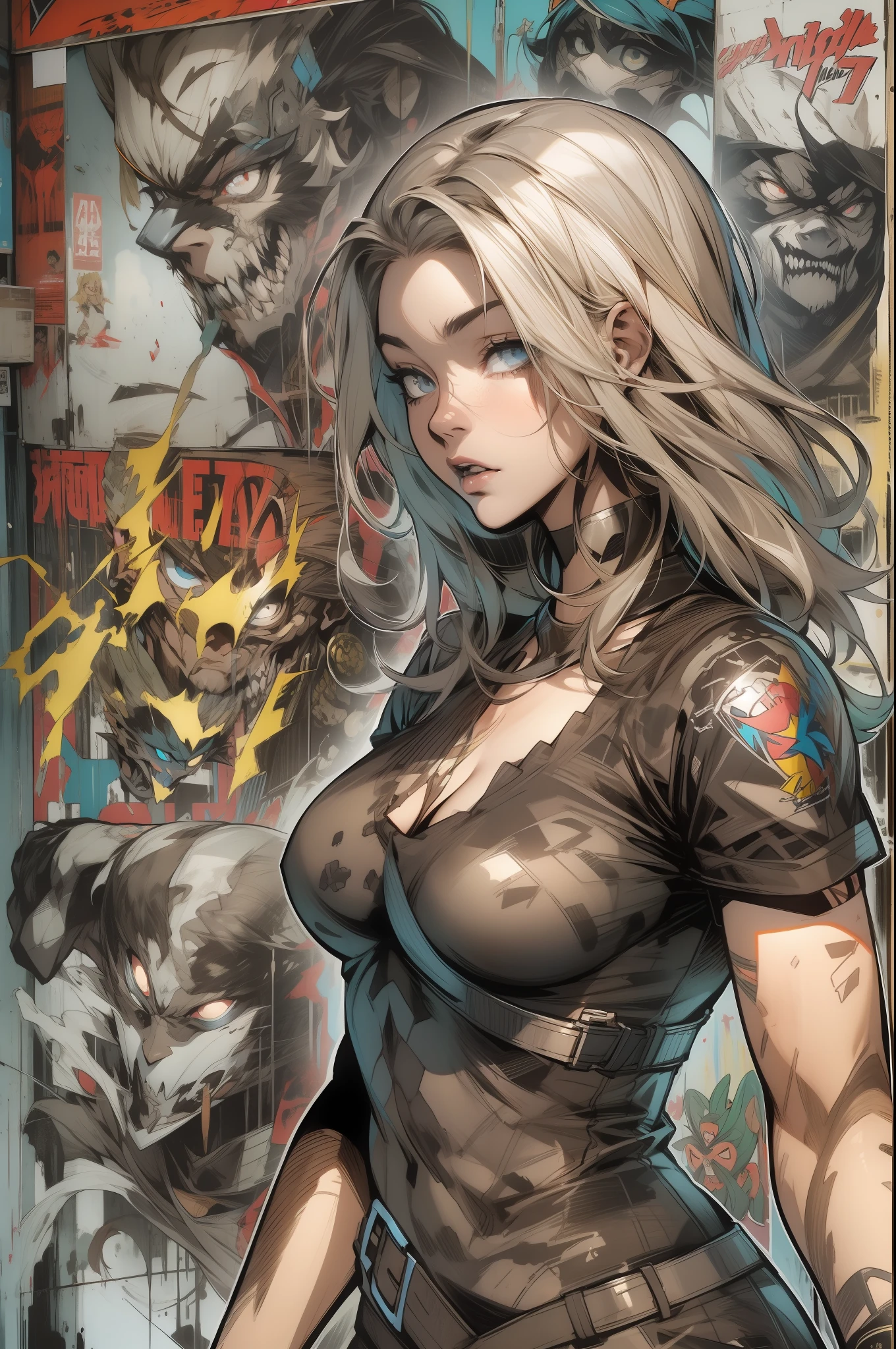 ::Jason Fabok e estilo Yoji Shinkawa ::2.0 comix illustration style,Estilo Tatoon , Comic book style ,Ashley Alexiss,mulher bonita com cabelo longo ultra detalhado, (fundo bonito ultra colorido :1.2)Misto-idioma_Texto, letras japonesas em graffit,, fantastic paintings ,estilo grafite;, flor, olhos altamente detalhados , uma camiseta ou vestido com uma blusa branca por baixo, with position, e pulseiras, com longos cabelos pretos , Gradiente de cores HDR, fora, Vibrando, Fantastic paintings by Joe Madureira ,alta qualidade, --AR 3:4 --upbeta --teste --criativo ,526mix, melhor qualidade, alta qualidade, extremamente detalhado CG unidade 8k papel de parede, HDR, trending on ArtStation, trending in cgsociety, High detail,