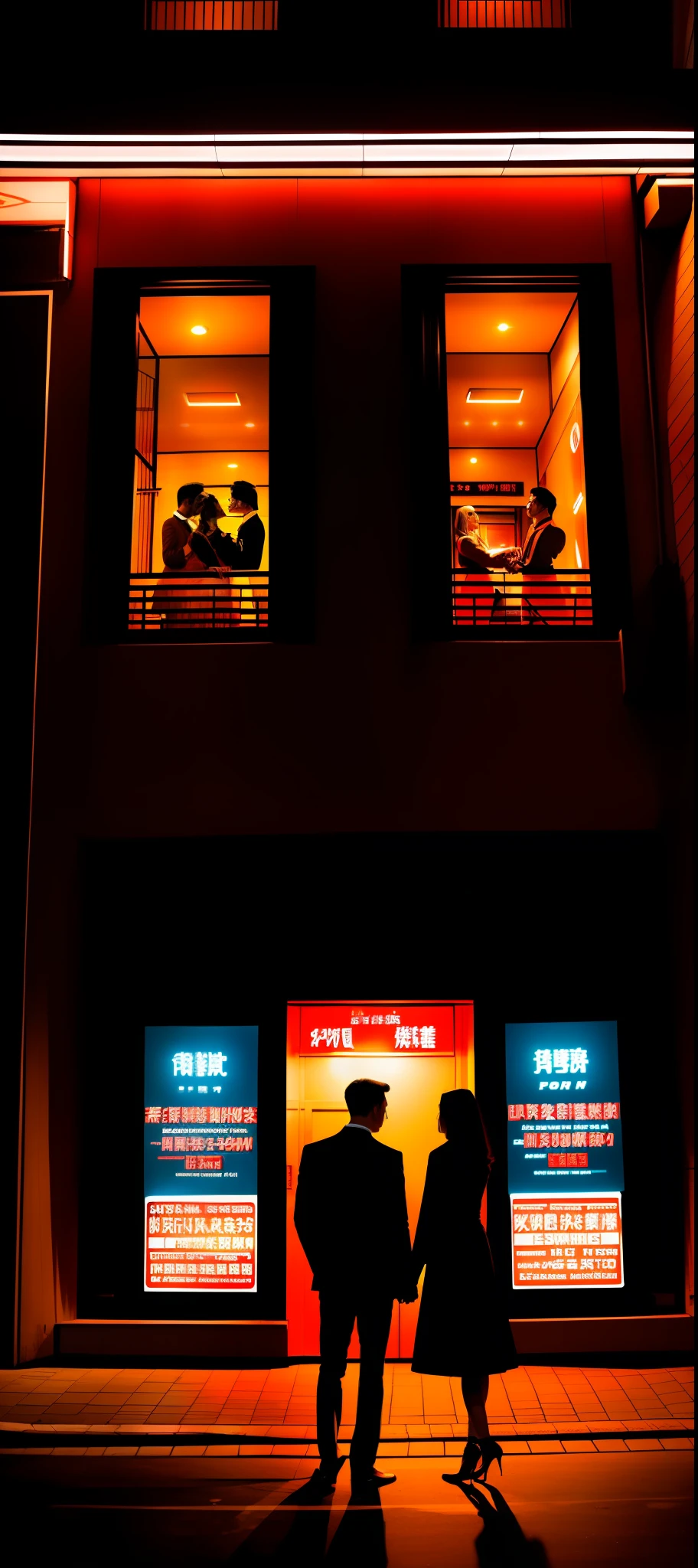 There was a man and a woman standing in front of a building,photoshoot, cute couple,in style of kar wai wong, nightlife, film promotional image, coloured photo, portrait shooting --auto