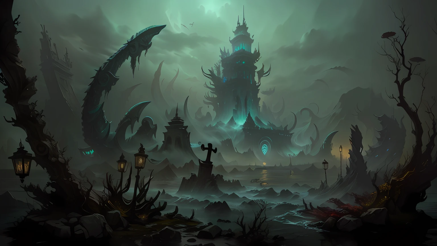 There is a Chinese dragon in the middle of the seabed, lovecraftian landscape, eerie nostalgic concept art, Undersea atmosphere, fantasy apocalypse environment, dark cinematic concept art, dota matte painting concept art, concept-art , highly rendered, Dark fantasy deep undersea environment, eerie highly detailed, Vegetative apocalypse, Fantasy concept art deep under the dark seabed, dota! matte painting concept art, Lovecraftian atmosphere underwater cemetery,sunken ships,Fantasy underwater world,Pulan,Cthulhu(HD realistic style:1.2)