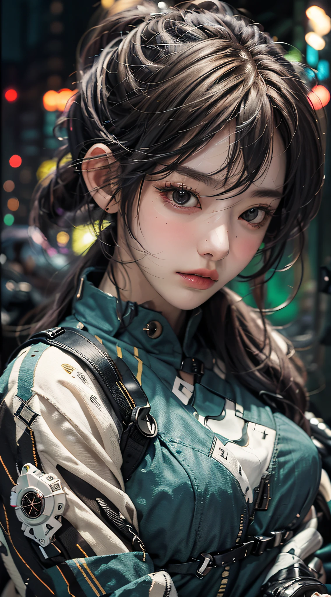 Highest image quality，Outstanding details，超高分辨率，（Fidelity：1.4），The best illustration，Favor the details，Highly cohesive 1girl，He has a delicate and beautiful face，Dressed in a black-green mech，（Riding a motorcycle 1.3），The background is a high-tech lighting scene in the future city。