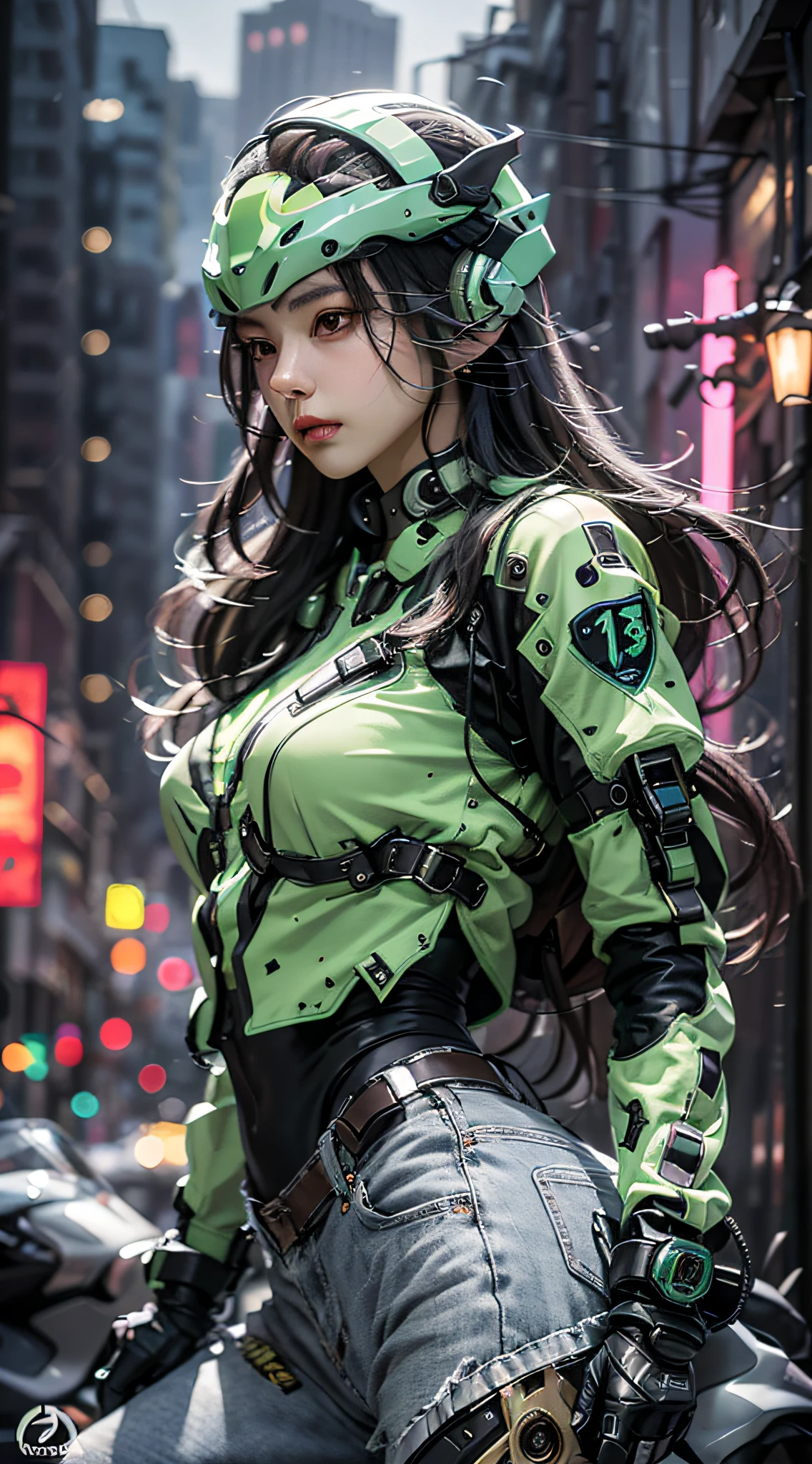 Highest image quality, outstanding details, ultra-high resolution, (realism: 1.4), the best illustration, favor details, highly condensed 1girl, with a delicate and beautiful face, dressed in a black and green mecha, wearing a mecha helmet, holding a directional controller, riding on a motorcycle, the background is a high-tech lighting scene of the future city.