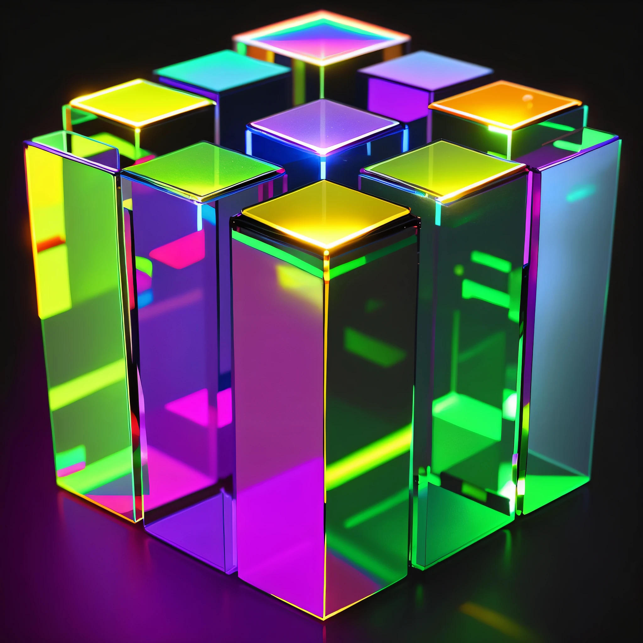 Bright cubes of different colors are lined up, colorful redshift render, Light prism, symetry!! solid cube of light, prisms, volumetric lighting iridescence, translucent cube, cinema 4d colorful render, dichroic prism, Bioluminescent hypercube, Rendered in redshift, solid cube of light