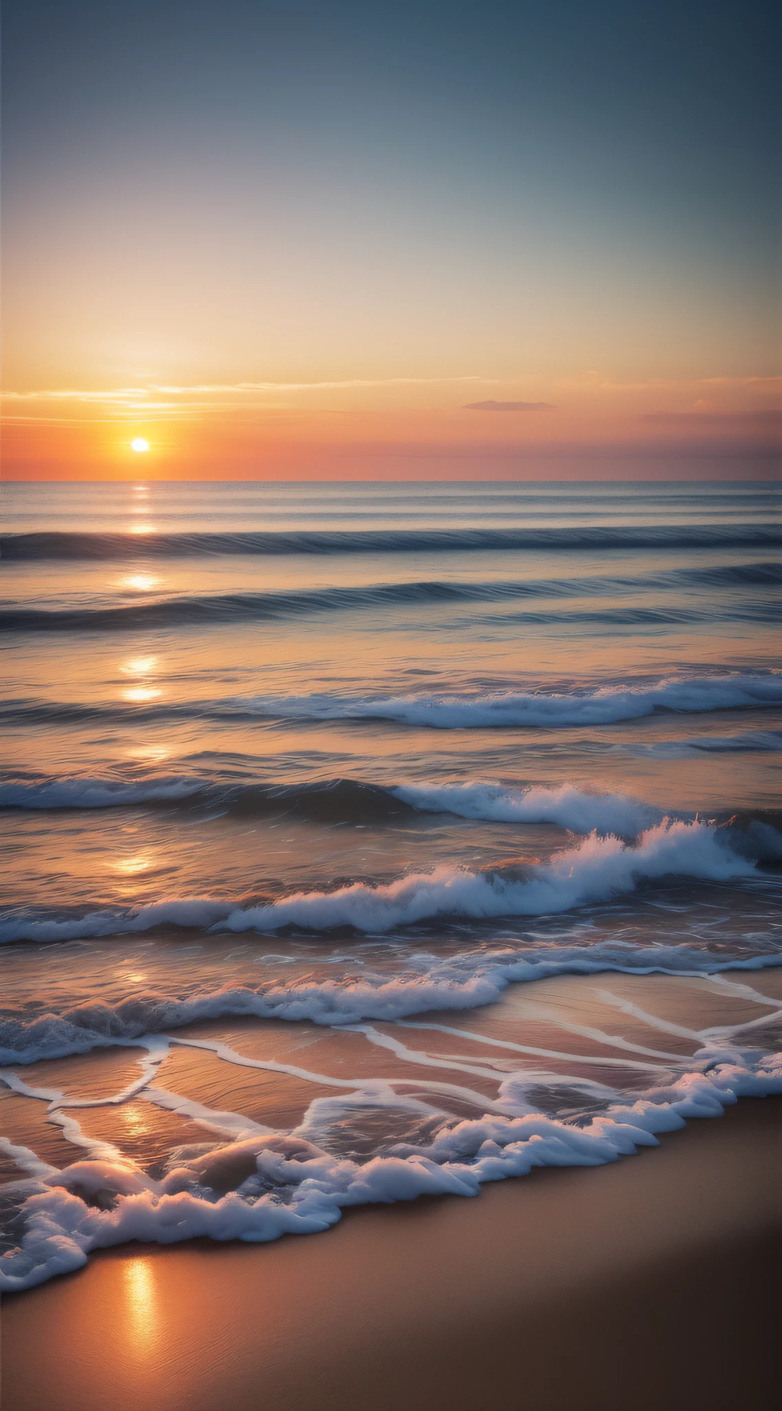 Sunset by the sea,Photography, Natural textures, natural soft light,blurry effect, Photorealism, Long exposure, 8k ultra high definition, Long exposure, Natural light, Cinematic lighting, Hyper-realistic,8k ultra high definition,Detailed,hyper-detailing。